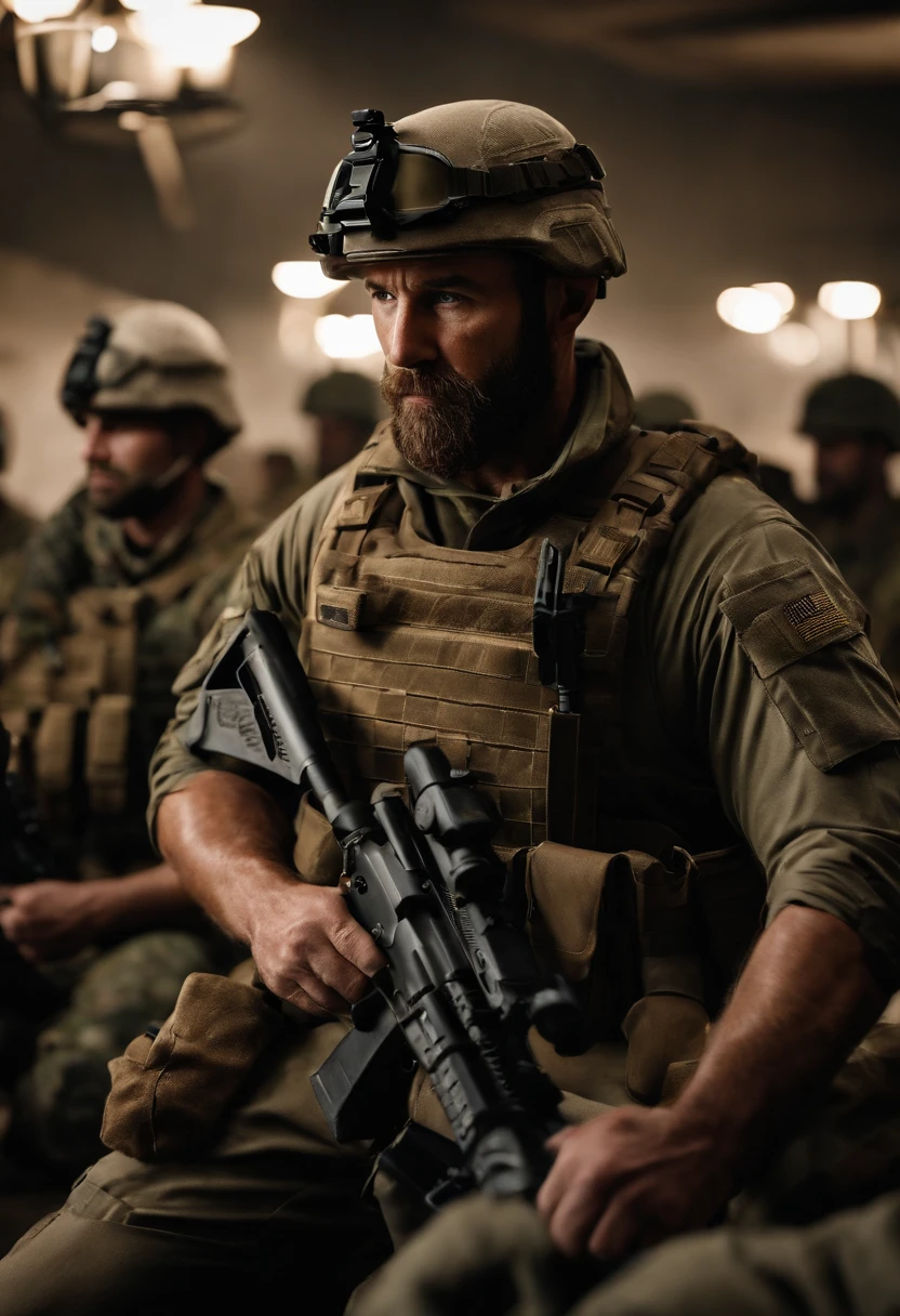 The image is of Captain Price sitting in the mess hall with a group of Task Force 141 soldiers, sharing a meal and engaging in friendly conversation.,Modern Warfare series,Captain John Price is a tall man in his 30s, famously portrayed by actor Barry Sloane. He wears a boonie hat, has a mutton chops styled beard, and often wears tactical equipment fit for a soldier.
