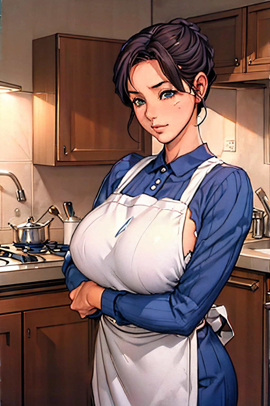 Anime, modest, Mom mature Housewife thick, apron, hair in top bun in kkitchen, busty