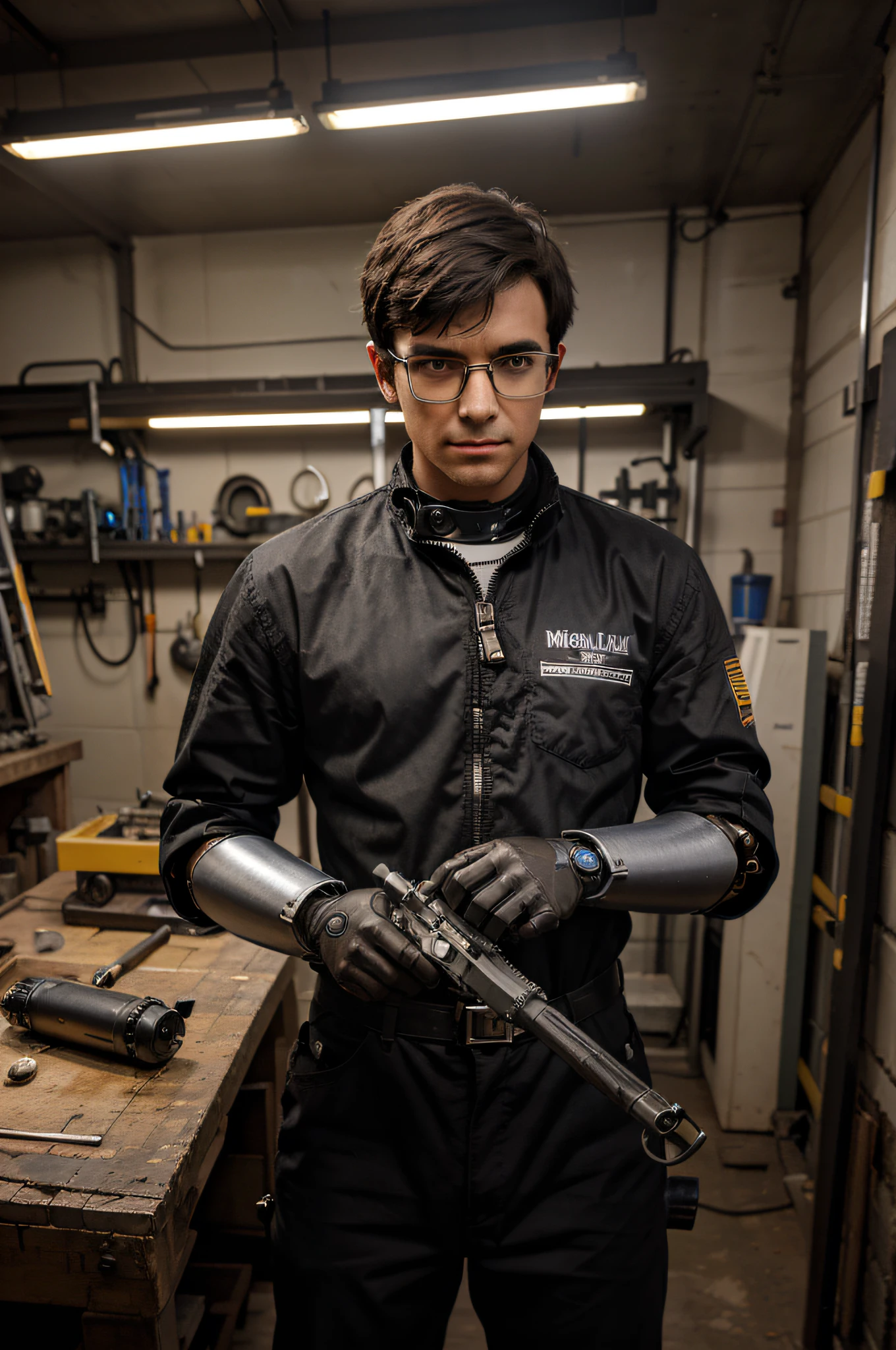 Absurd resolution, A high resolution, (tmasterpiece: 1.4), hyper-detailing, Young man dressed up as welder with short black hair glasses, A very technological robotic arm workbench