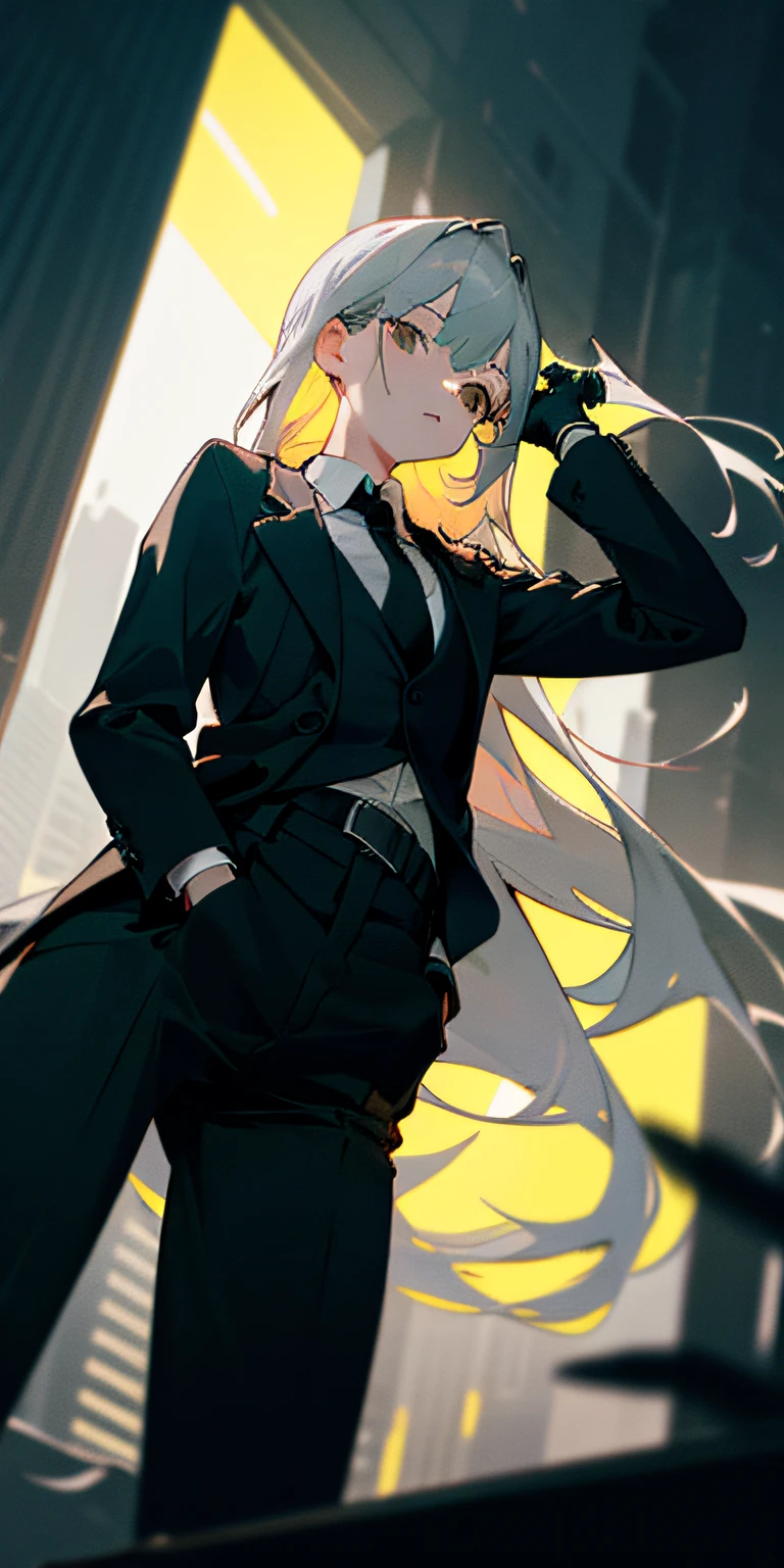 (masterpiece, best quality),(((from below, depth of field, dutch angle, green lighting))), floating hair, 1girl, solo, formal, hand in pocket, suit, black gloves, building, looking at viewer, black necktie, fingerless gloves, white shirt, city, outdoors, black jacket, belt, black pants, collared shirt, brown eyes, standing, long sleeves, grey hair, cityscape, open jacket, cowboy shot, skyscraper, black suit, night, pant suit, very long hair