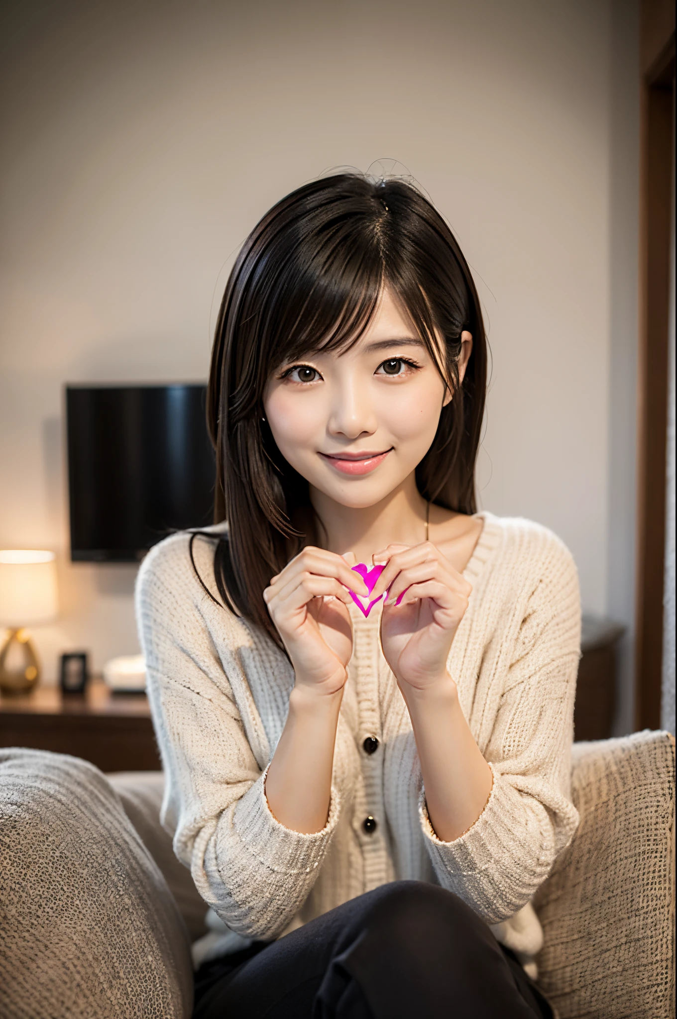 You can see the upper body of a beautiful Japanese woman, Make a heart shape with your hands. she is facing the camera, Smiling, The background is a cozy living room setting.