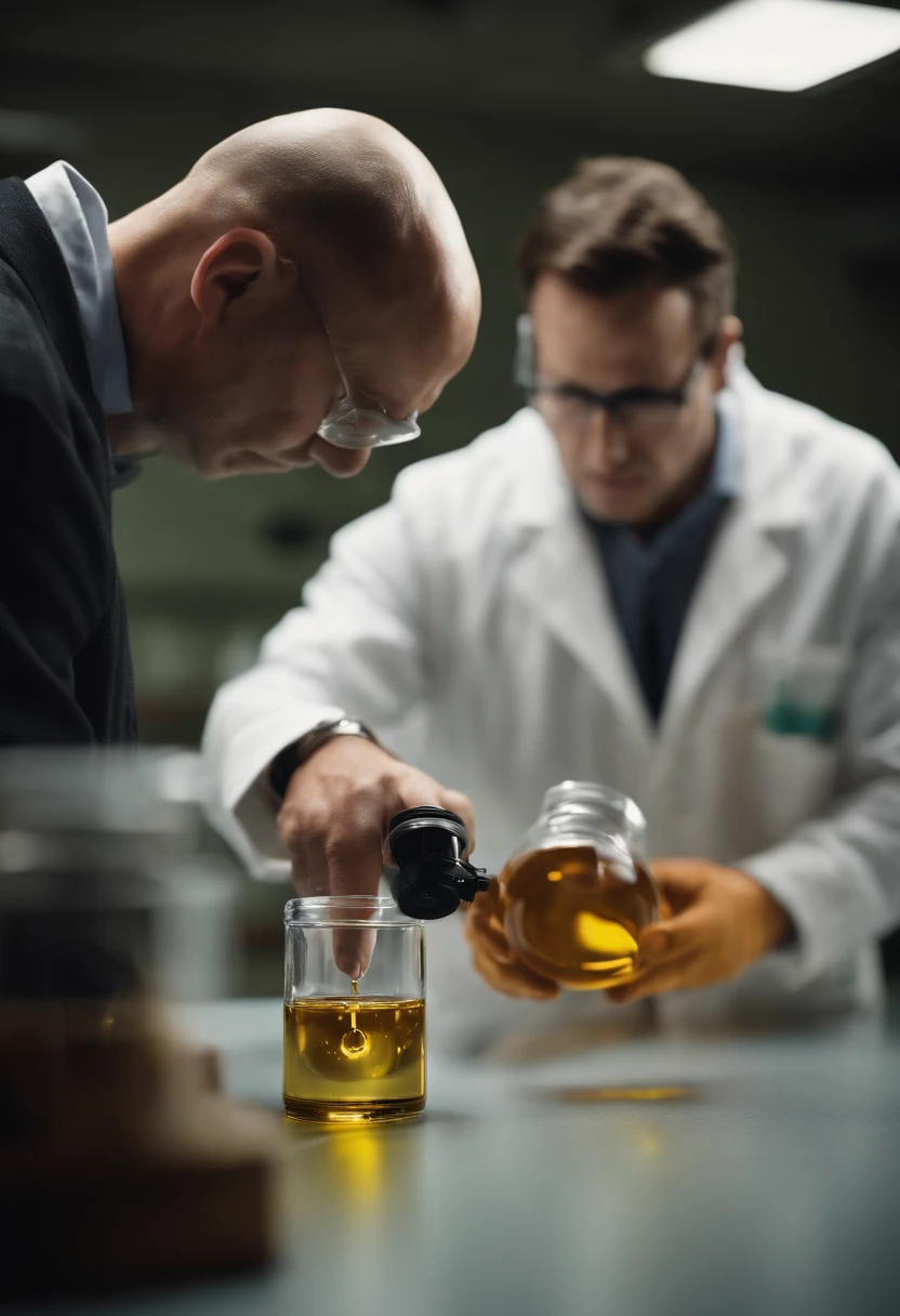 A high-resolution image of a barrel of oil being inspected and tested in a laboratory, with scientists in lab coats meticulously conducting experiments and analysis, creating a visually scientific and informative scene.