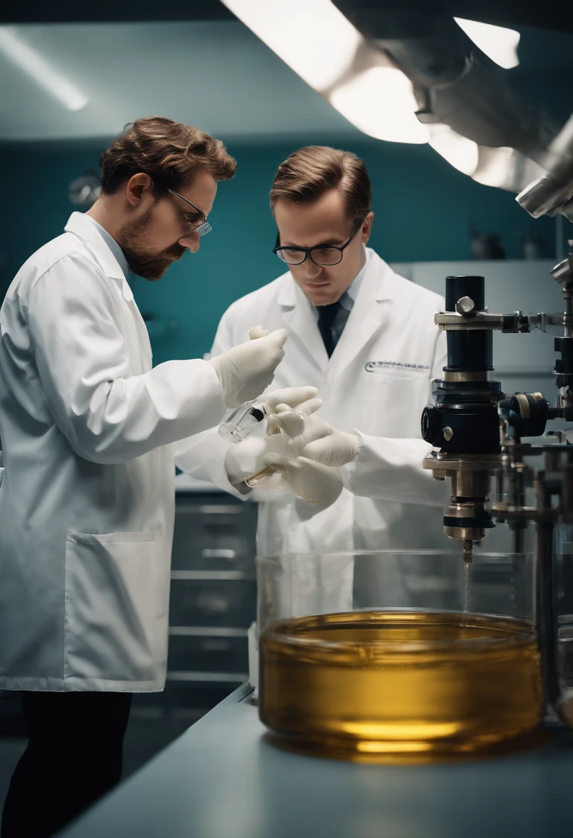 A high-resolution image of a barrel of oil being inspected and tested in a laboratory, with scientists in lab coats meticulously conducting experiments and analysis, creating a visually scientific and informative scene.