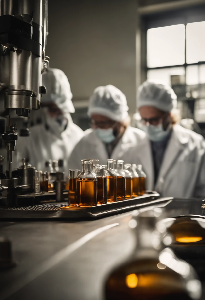 A high-resolution image of a barrel of oil being inspected and tested in a laboratory, with scientists in lab coats meticulously conducting experiments and analysis, creating a visually scientific and informative scene.