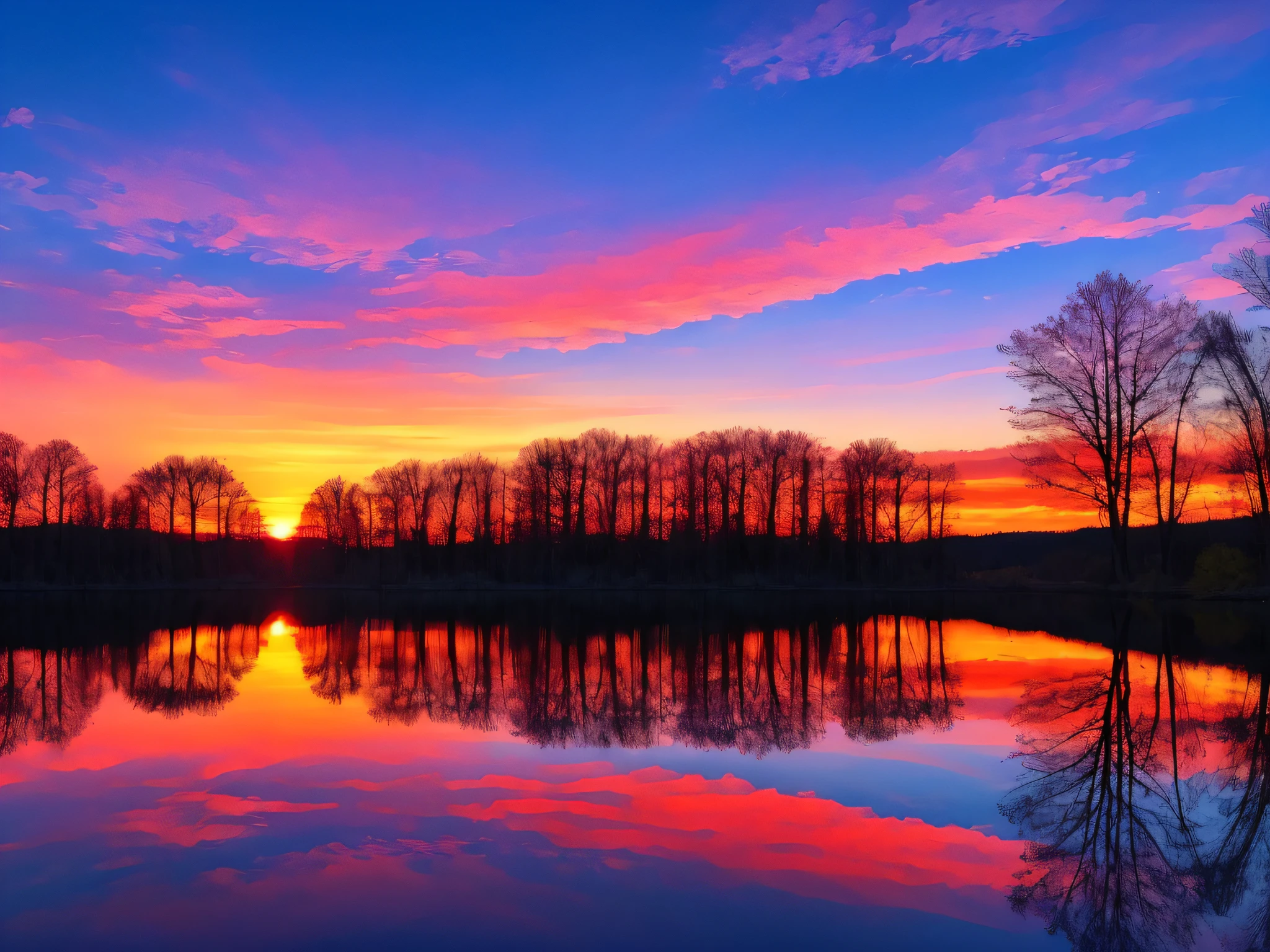 there is a beautiful sunset with a lake and trees in the background, colorful skies, surreal colors, colorful sunset, colorful sky, marvellous reflection of the sky, stunning sky, dream like atmosphere 8k, colorful clouds, colors reflecting on lake, surreal sky, red and blue reflections, fire reflection, beautiful sky, beautiful and spectacular dusk, beautiful dreamy landscape, amazing sky