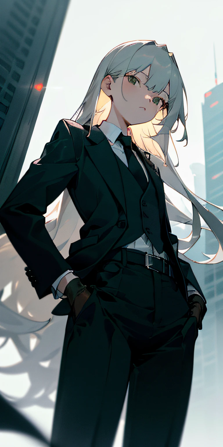 (masterpiece, best quality),(((from below, depth of field, dutch angle, green lighting))), floating hair, 1girl, solo, formal, hand in pocket, suit, black gloves, building, looking at viewer, black necktie, fingerless gloves, white shirt, city, outdoors, black jacket, belt, black pants, collared shirt, brown eyes, standing, long sleeves, grey hair, cityscape, open jacket, cowboy shot, skyscraper, black suit, night, pant suit, very long hair