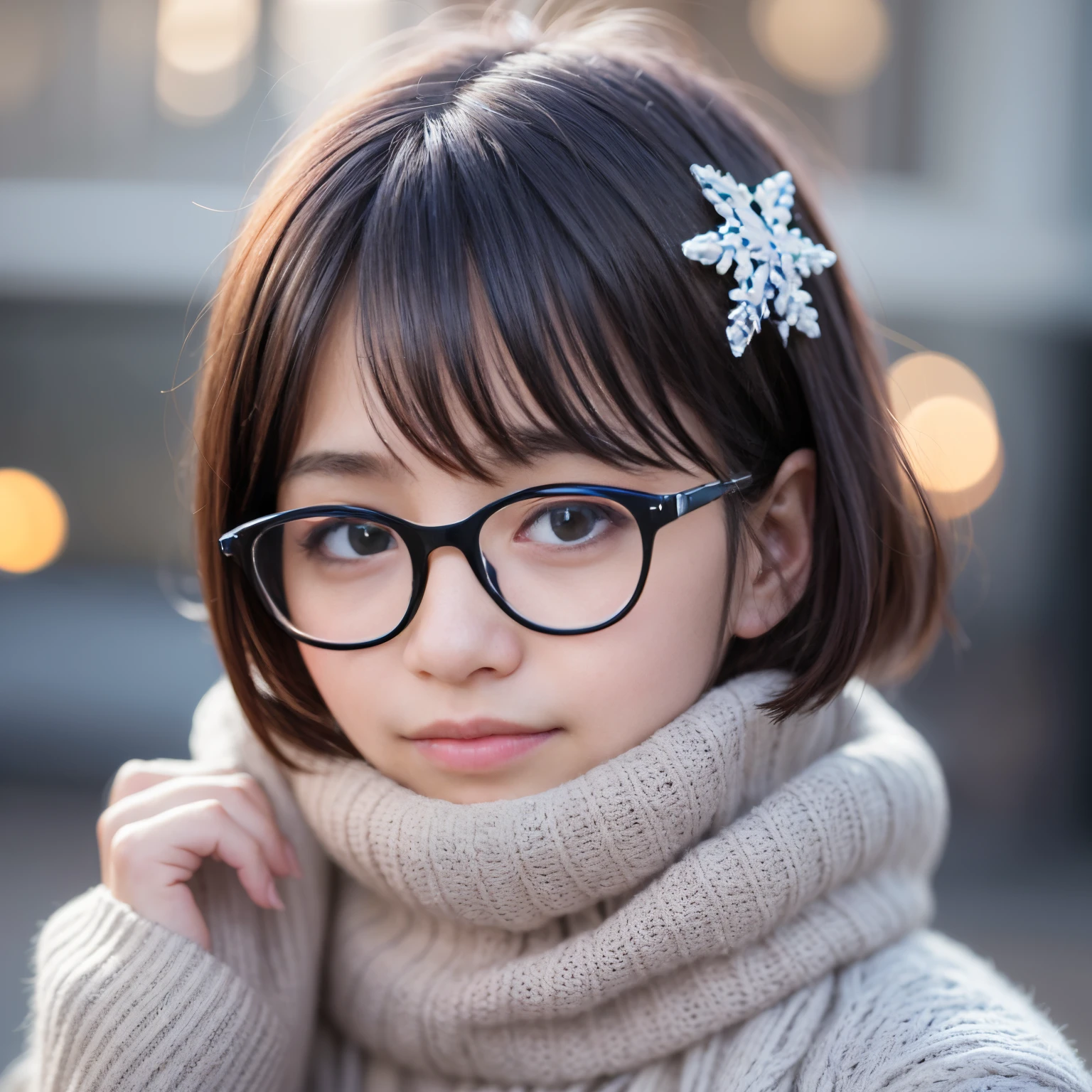 Best-quality, Masterpiece, Ultra-High-Resolution, (Photorealistic:1.4), Raw-Photo, Extremely-Details, Perfect-Anatomy,
in winter schoolyard,
1girl, the most popular Japanese idol, (wearing Japanese high-school winter uniform, muffler with cute design, glasses with cute design), face focus, close-up, innocent smile, looking at viewer,
extremely cute face like a most famous Japanese idol, extremely beautiful big black solid eyes, extremely beautiful black short-cut-haired, extremely beautiful realistic white skins, extremely beautiful wet lips,
detailed glasses, detailed Japanese high-school winter uniform, detailed muffler with cute design