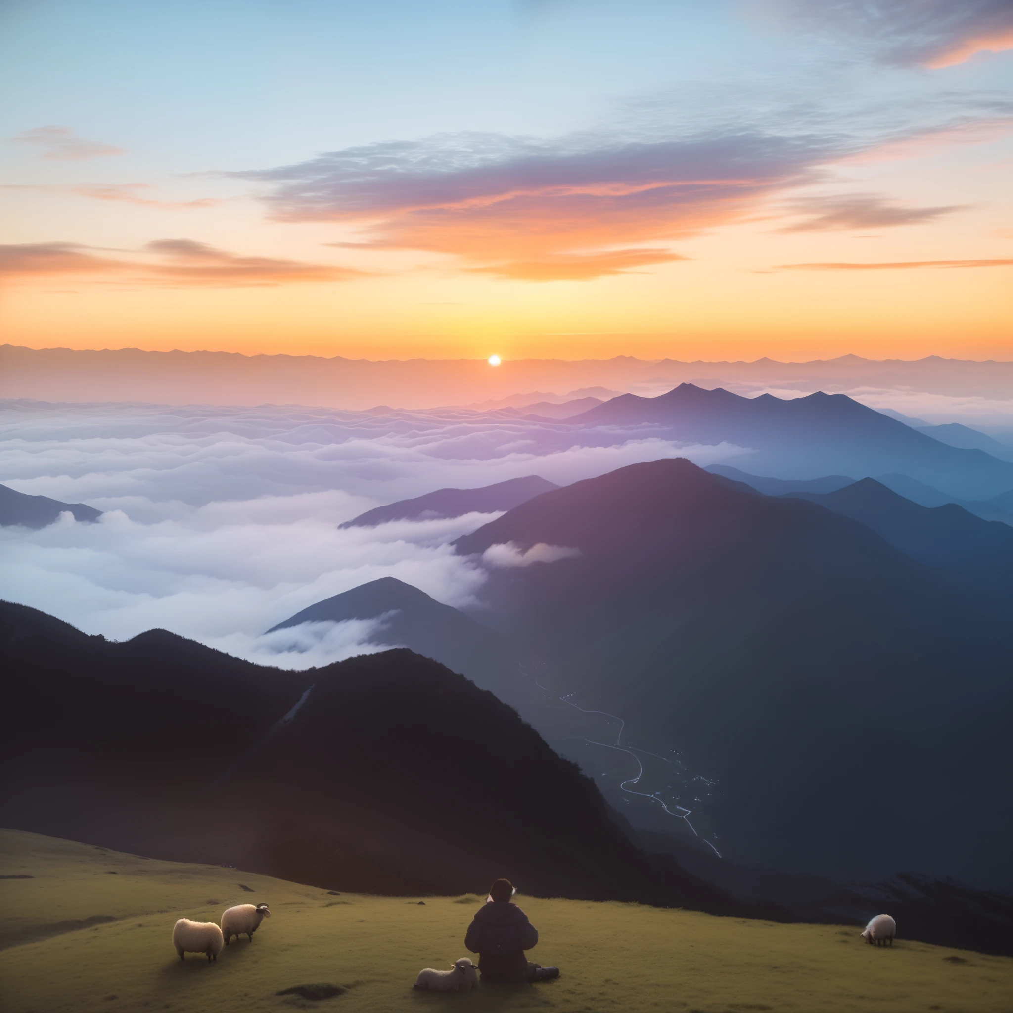 There are two sheep sitting on the mountain,The background is sunset, at sunrise, at sunrise, Taiwan, 8K. View's padding, Stunning shots, mont, Still from a nature documentary, mountain sunrise, amazing scenery, Mountains and colorful sunset!!, timelapse in game, heaven in the top, zori, dreamy scenes, Faraway view, sunraise