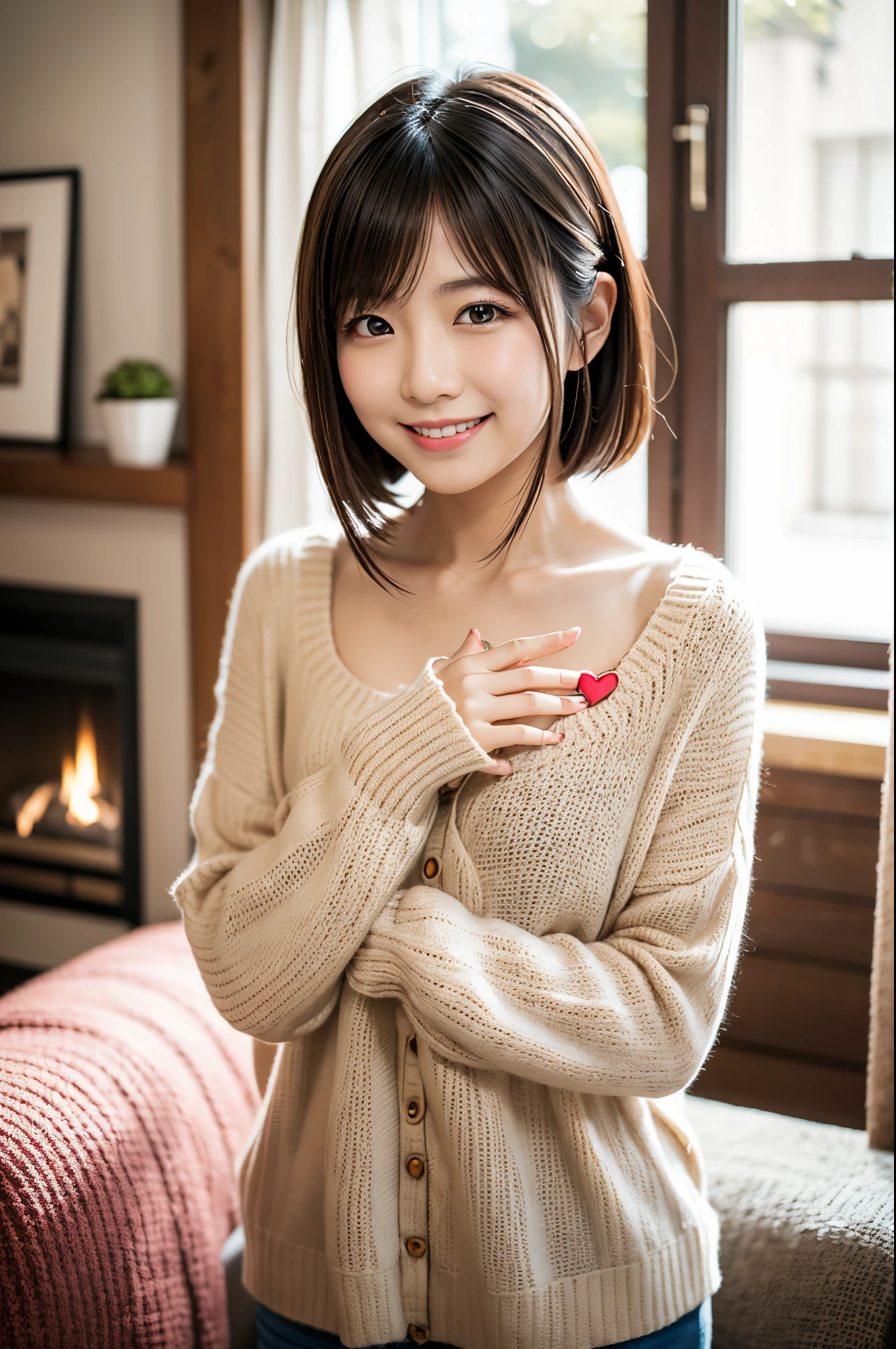 You can see the upper body of a beautiful Japanese woman, Make a heart shape with your hands. she is facing the camera, Smiling, The background is a cozy living room setting.