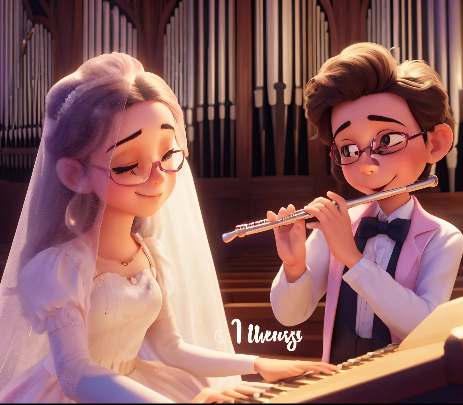 Ele moreninho tocando instrumento flauta transversal. She wearing pink glasses playing an organ instrument