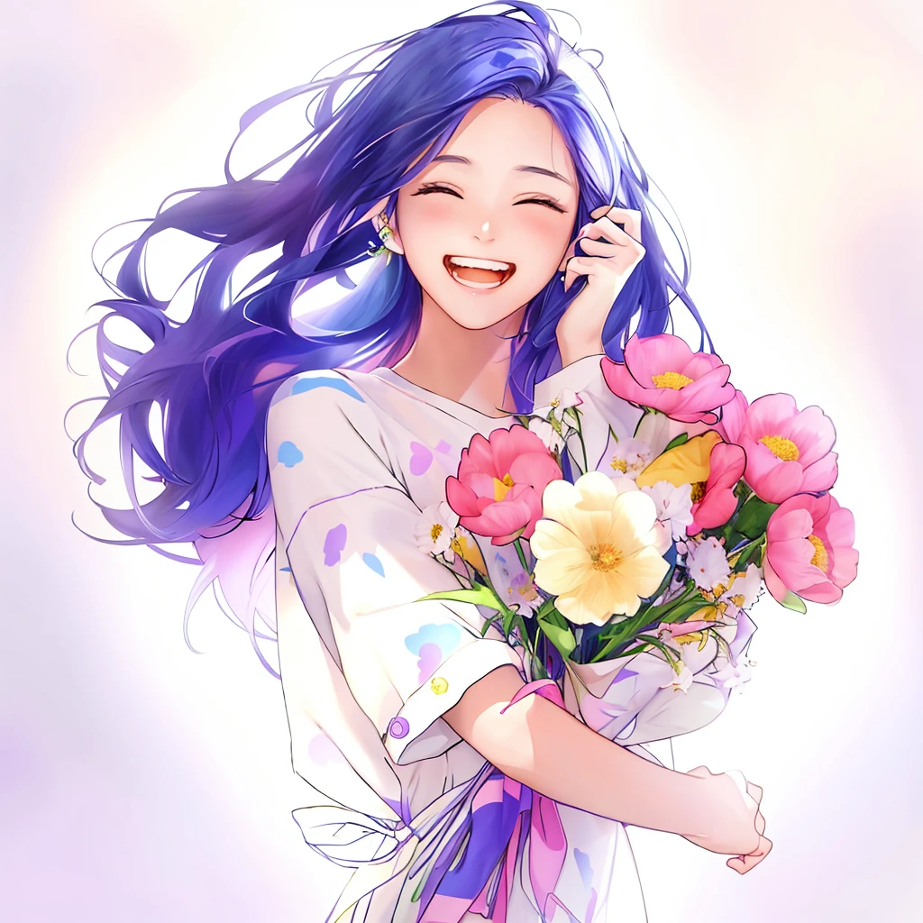 Anime girl holding flowers in her hand，With a smile on her face, With flowers, Guviz, she expressing joy, beautiful and smiling, laughing sweetly, Lovely smile, with a beautiful smile, Middle Metaverse, by Yang J, happy and spirited expression, and she smiling，Very happy, Guviz-style artwork, colorful flowers