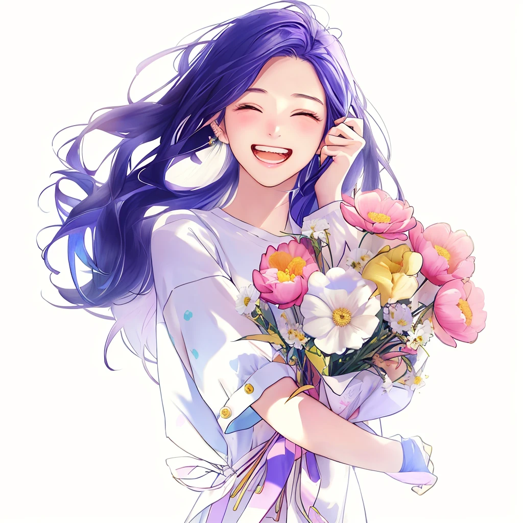 Anime girl holding flowers in her hand，With a smile on her face, With flowers, Guviz, she expressing joy, beautiful and smiling, laughing sweetly, Lovely smile, with a beautiful smile, Middle Metaverse, by Yang J, happy and spirited expression, and she smiling，Very happy, Guviz-style artwork, colorful flowers