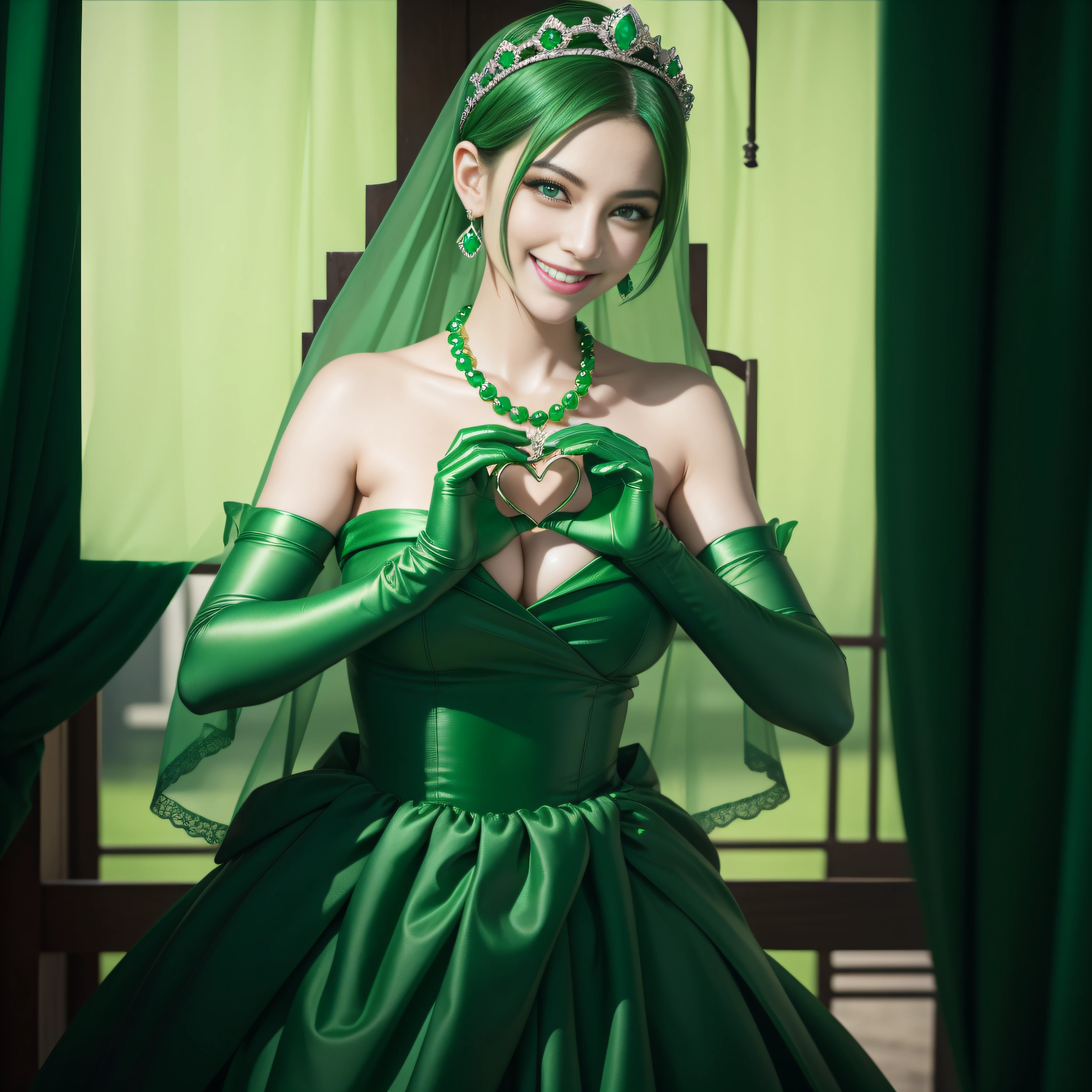 emerald tiara, Green Pearl Necklace, Boyish very short green hair, lipsticks, Japan woman smiling, very short short hair,  big breasts beautiful, Green eyes, Long green gloves made of satin material, Green eyes, Emerald Earrings, green vale, Heart with both hands