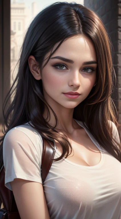 quality (photo realistic style, UHD, 16k, textured leather, hight resolution), a portrait of a beautiful woman, The perfect female face, dark colored hair, shingle, white tshirt, ssmile