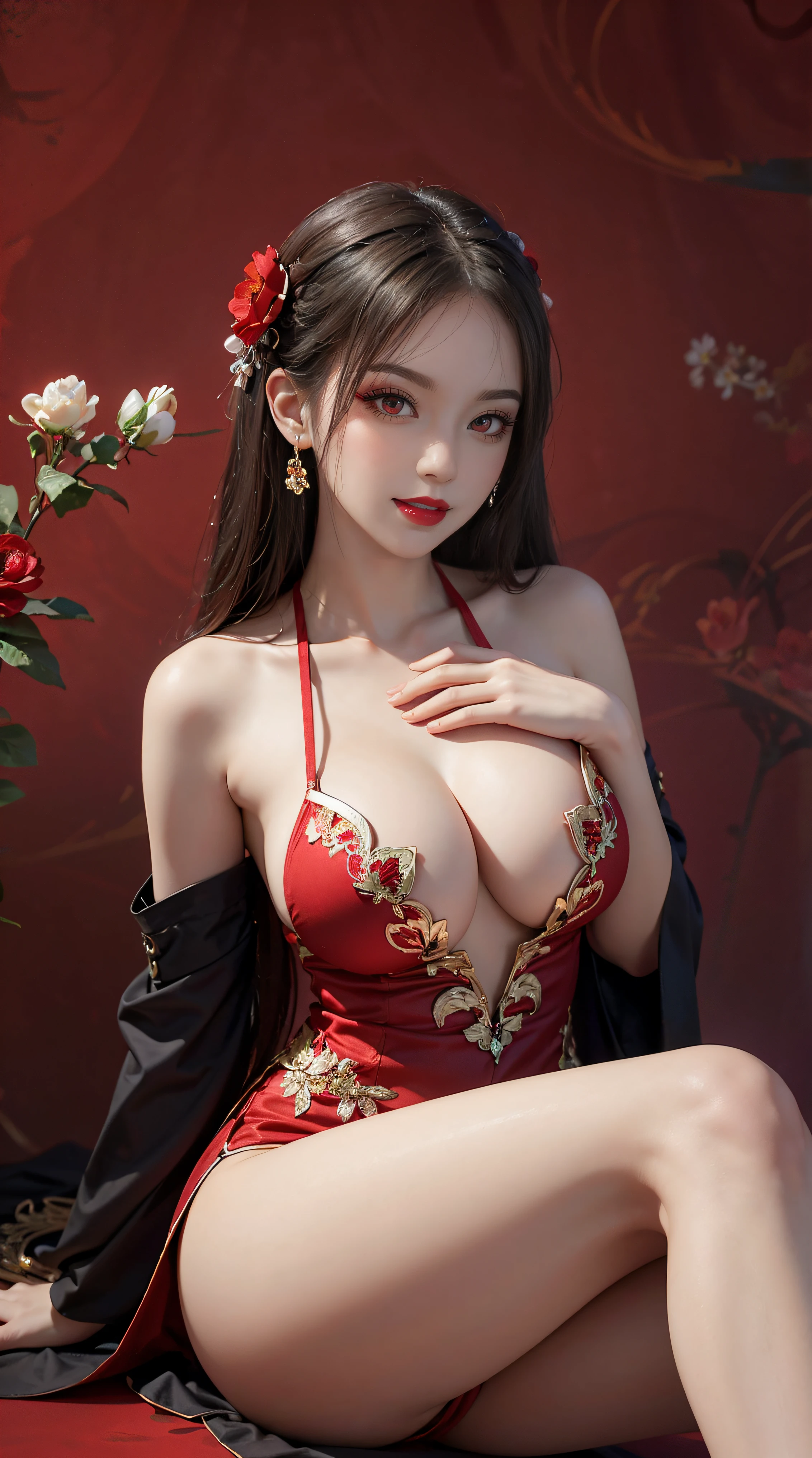"1 beautiful girl in traditional costume, wearing a traditional Chinese ao dai in luminous blue, Ao dai with red as the main color, black chest border and golden border, long hair and white bangs, hair jewelry most detailed and beautiful, Super cute little face, Extremely pretty face, sparse eyebrows, most flawless beautiful face, ((black pupil:0.8)), very beautiful eyes, ((eyes red:1.4)), beautiful and detailed eyelashes and very magical makeup, high nose, earrings, thin lips, red lips, no smiling, beautiful lips, rosy face, clean face, flawless beautiful face , smooth white skin, (big breasts: 0.9)), Blums breasts, ((big and super round breasts): 0.9)), ((super tight breasts: 1.2)), ((breast augmentation: 0.8)), beautiful breasts, sitting on the floor, Sitting with legs wide open, thighs wide and not shy, hands behind back, chest forward, leaning back slightly, beautiful girl's upper body, 8k photo, super high quality, hyper realistic, 10x super pixels, photo realistic, bright studio, bright edges, two-tone light color, (high detail) skin: 1.2), 8k ultra, soft light, high quality , volumetric lighting, realistic, Photos, high resolution, light, best photo, 4k, 8k quality, blur effect, Smooth and sharp, 10x pixels, aurora, lightning, super graphics , most realistic graphics,(Red flower background: 1.7), alone, solo, portrait 9:16, Extremely sharp, surreal image., (NSFW:1,7), pubic hair, spread legs, view from below, , transparent outfit, cameltoe, huge breasts, nipples"