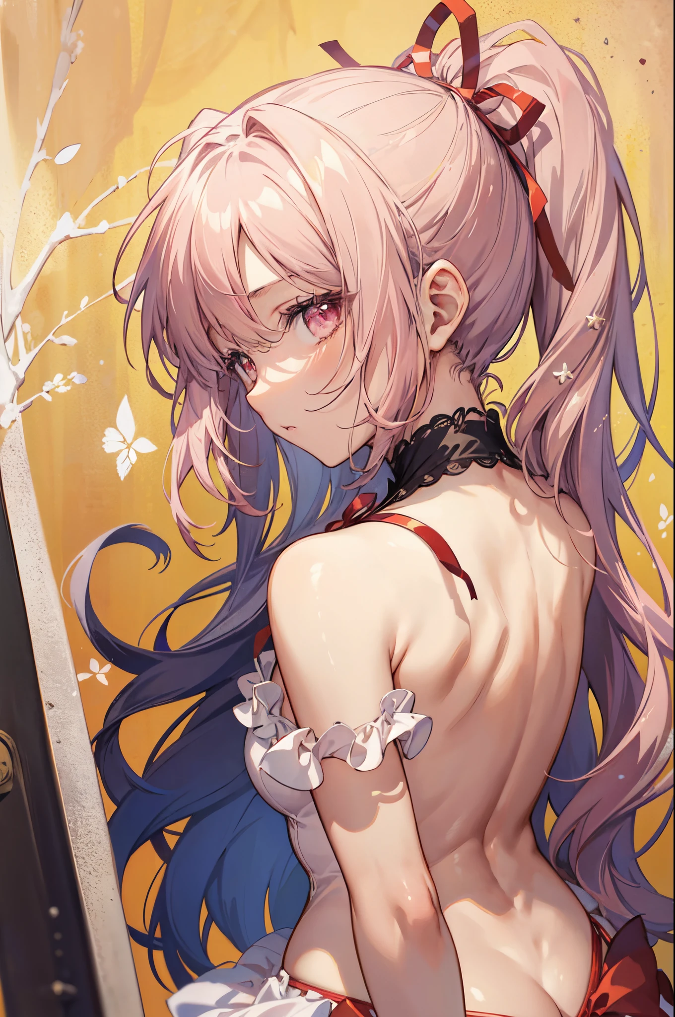 masterpiece, concept art, yellow background, madoka kaname, pink twintail with red ribbon, magical girl, puella magi madoka magica, backview, sexy back, open back, sexy, alluring, epic composition, epic proportion, HD