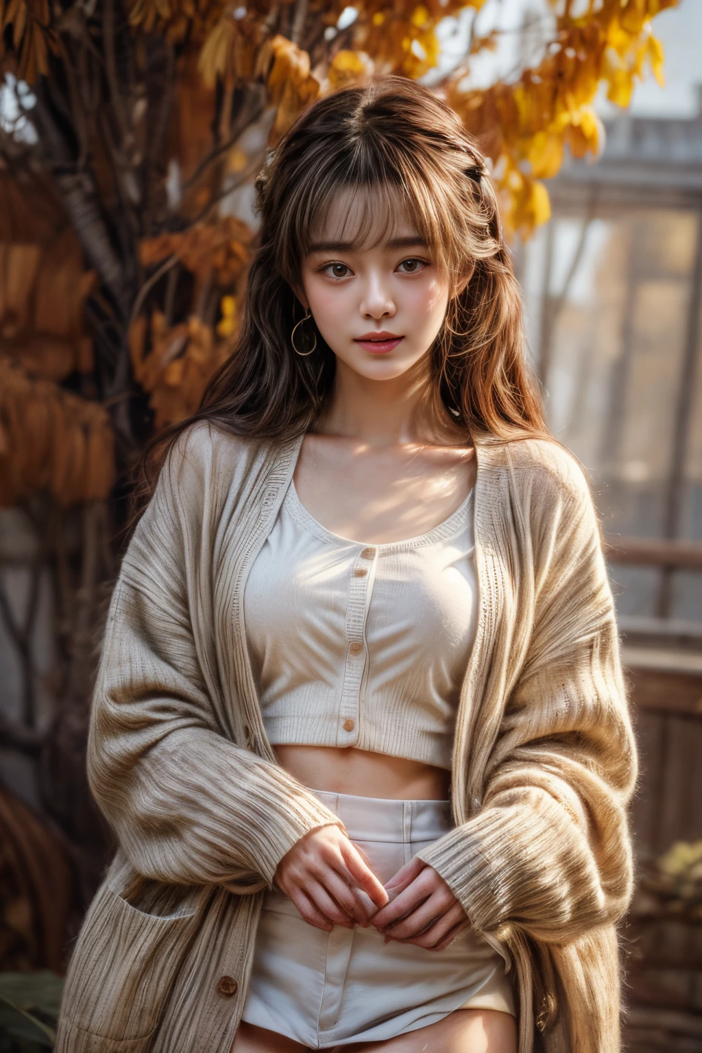 masterpiece、8K、32K、top-quality、(A detailed eye)、(A cute Japanese woman、bangss)、23years old、1 girl in、elegent、(Detailed background depiction、portlate:1.2)、(beaded embroidery cardigan、a miniskirt)、(Gingko tree、amarelo:1.4)、cowboy shot、ssmile