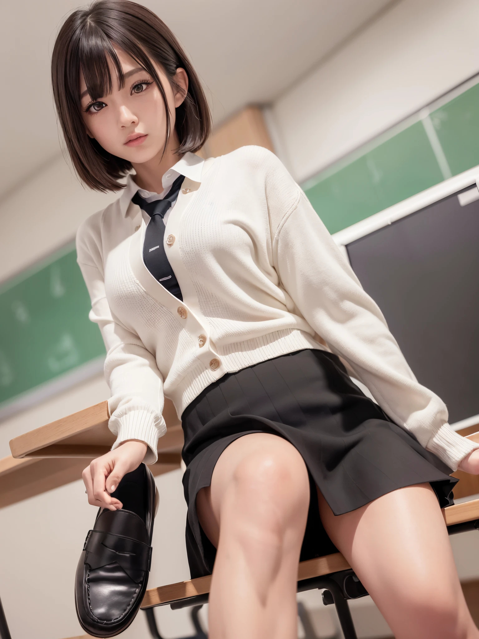 loafers、smile、Bright classroom、(((alone))),(((1 Girl))),  beautiful, shape, Highly detailed skin, masterpiece, Highest quality, Highly detailed face, Vibrant colors, Written boundary depth, Cinema Lighting,, One Girl, alone, short hair,skirt,blush, White shirt, masterpiece Highest quality 高解像度、Anna Tanaka ,  Sit with your knees bent、eight-headed body、beautiful足 、On campus、As if looking up from below、((Embarrassing,blush)),Browsing Caution,White panties,(((White panties)))
