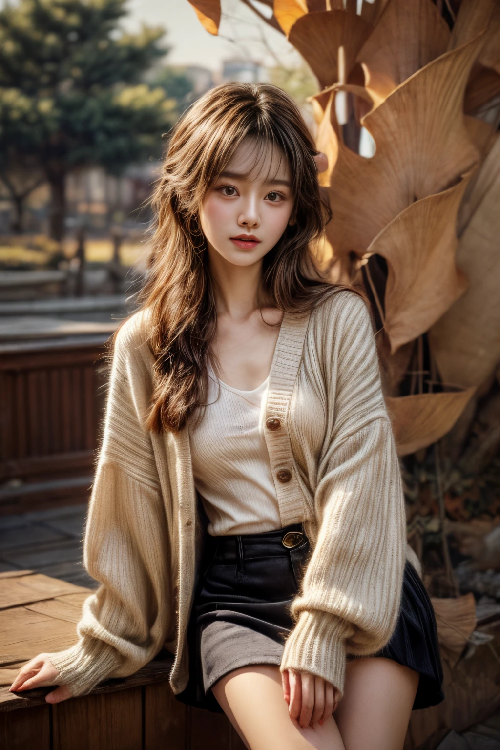 ​masterpiece、8K、32K、top-quality、(A detailed eye)、(A cute Japanese woman、bangss)、23years old、1 girl in、elegent、(Detailed background depiction、portlate:1.2)、(beaded embroidery cardigan、a miniskirt)、(Gingko tree、amarelo:1.4)、cowboy  shot、ssmile