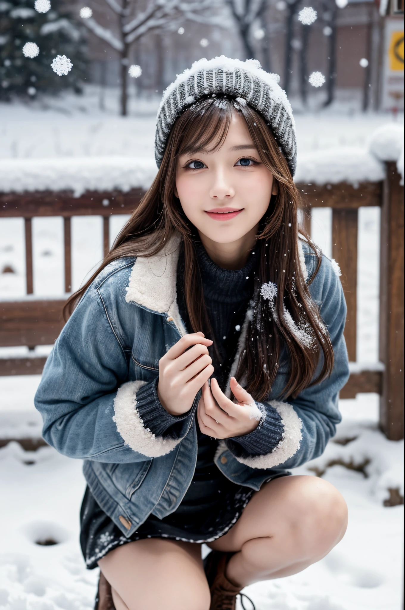 (masutepiece:1.3, Photorealsitic:1.4, 8K), top-quality, ​masterpiece, 超A high resolution, Perfect dynamic composition, Highly detailed skin and facial texture:1.3, A detailed eye, Detailed limbs, Winters, (snowflakes falling:1.2), Snowfall landscape at night:1.2, 1girl in, Cute sexy 29 year old slim woman, Fair skin, (Snow fell on my body and clothes:1.2), ((A smile:0.9, Totally captivates you:1.0)), (Chunky short jacket over white long-sleeved mohair knit sweater:1.3, Tweed Mini Skirt:1.1), ((voluptuous breasts:1.05)), Short boots, (Facing the front, bend your knees and squat on the snow), (Beautiful blue eyes, Eyes that feel beautiful eros:0.85), Sexy face:0.4, (A mouthfeel that feels beautiful eros:0.85), ((Perfect and ultimate cuteness:0.9))