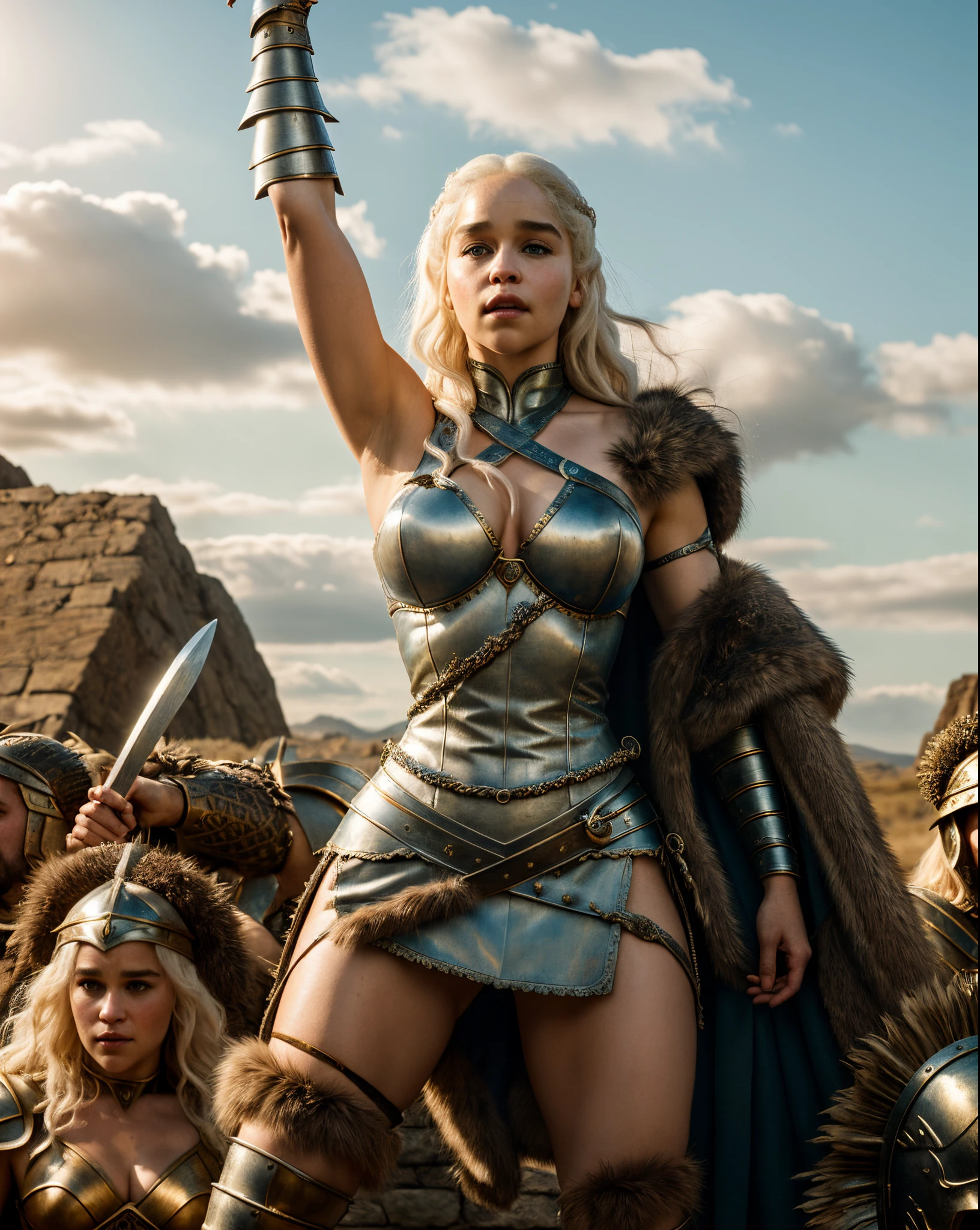 DAENERYS TARGARYEN, Gladiator dress, Full body shot,Mediaeval epic Battlefield background,erotic warrior costume, heroic looks, soft key light, detailed hairy armpits, victory pose, blood in sword,Standing bravely after battle,battle movie scene,cinematic colour grading,blood stains in dress,fought the battle dominantly, DAENERYS TARGARYEN PLAYED BY Emilia Clarke,Queen DAENERYS TARGARYEN,mature,milf, sexy mediaeval battle dress,gladiator woman,body,45 yo Woman,perky breast,alluring figure,big natural breast,mediaeval costumes,mediaeval queen dress,erotic costumes,lusty physique,((detailed face)), ((detailed facial features)),(finely detailed skin), pale skin,(in a highly detailed sexy mediaeval dress,soft natural light, (masterpiece) (perfect aspect ratio), (realistic photo), (best quality), (detailed) photographed on a Canon EOS R5, 50mm lens, F/2.8, HDR, (8k) (wallpaper) (cinematic lighting) (dramatic lighting) (sharp focus) (intricate), RAW photo, RAW photo, gigachad photo,8k uhd, dslr, high quality, film grain, Fujifilm XT3, extremely detailed,photorealistic, realistic,incredibly absurd, highly detailed, sharp focus,(Professional Studio Lighting),(Professional Color Grading), Edge Lighting,Dramatic lighting,Cinematic lighting,Lumen reflections, Soft natural lighting, Soft color, Photon mapping, Radiosity, (Beautiful eyes), (Detailed eyes),  (Detailed face), symmetrical eyes, sharp eyes, cold face, full body), (HIGH LEVEL OF DETAIL), (sweaty),large breasts, high detailed skin, uncharacterized texture, hyper detailed, realistic skin texture, armor, best quality, ultra high res, (photorealistic: 1.4) high resolution, detailed, raw photo, sharp re, by lee jeffries nikon d850 film stock photography 4 kodak portra 400 camera  F1.6 Lens rich colors hyper realistic texture dramatic lighting UnrealEngine trend in Artstation Cinestill 800, veins in the body, (body and fitness).