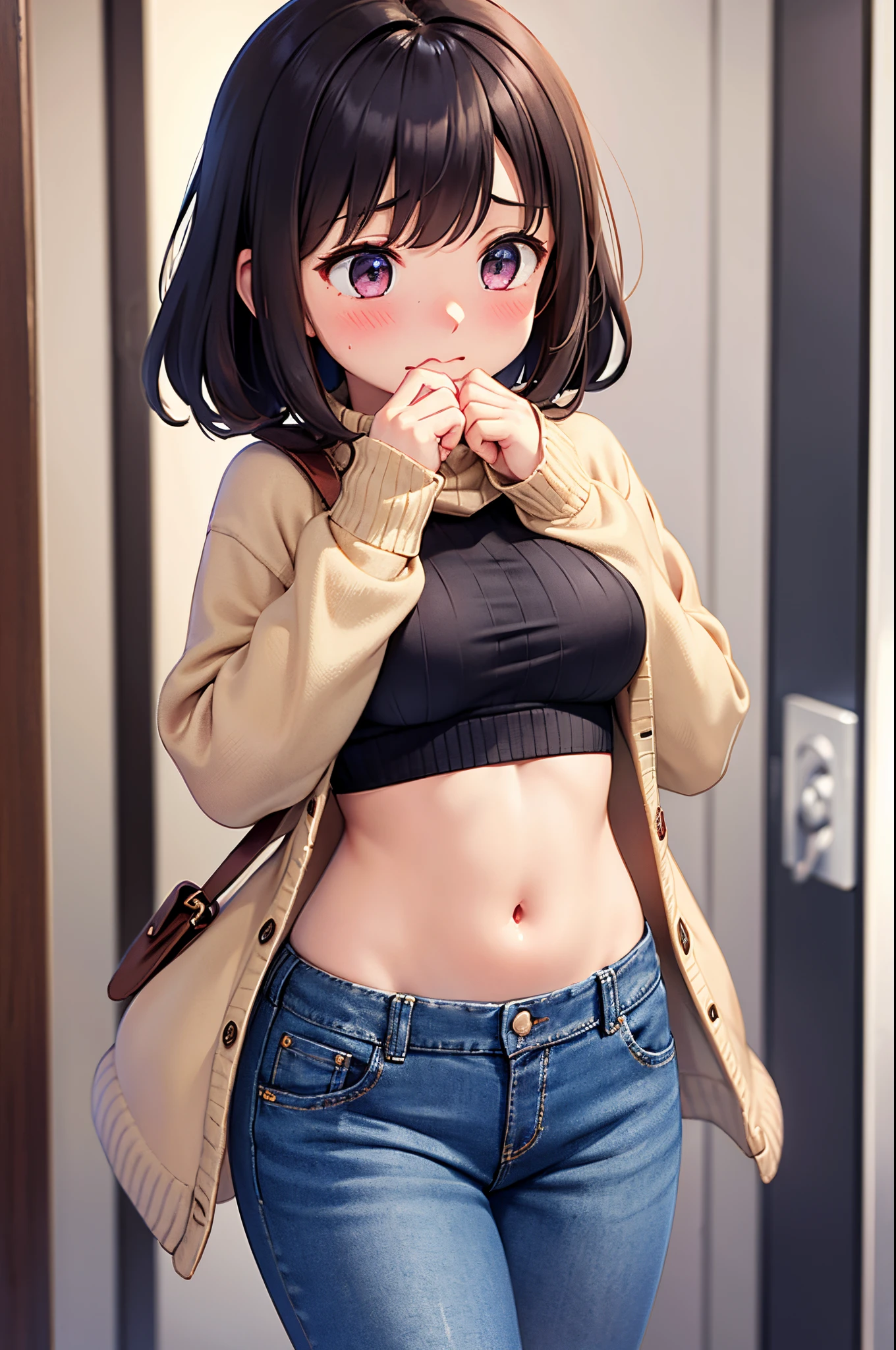 crop top, cardigan, 1 girl, solo, tummy, blush, embarrassed, shocked, medium breasts, jeans, covering mouth, looking down