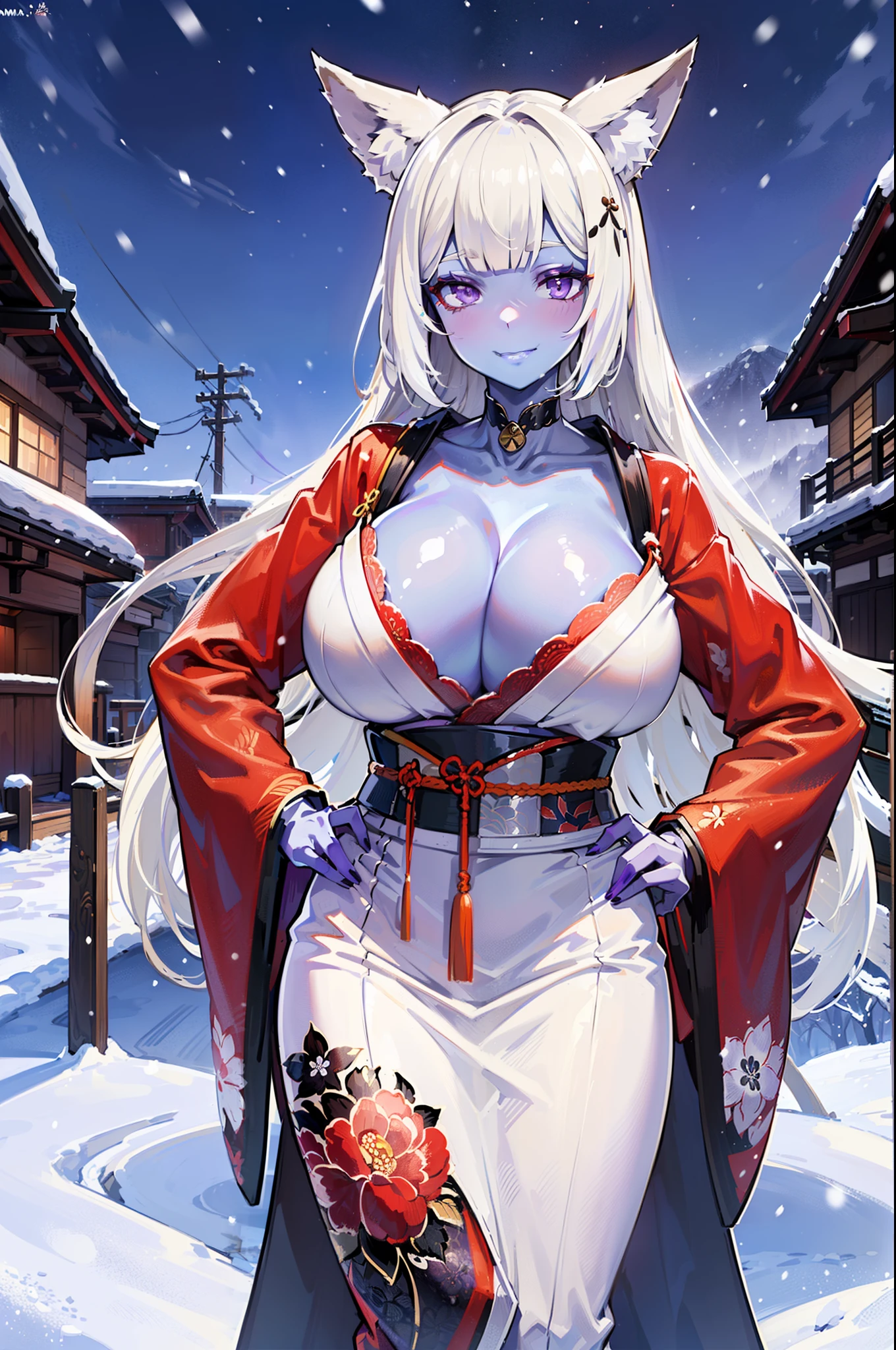 masterpiece, high quality, extremely detailed, 1girl, milf, solo, (colored skin, white skin:2), amagiother, (huge breasts:1.7), (((white hair, very long hair, purple eyes, fox girl, fox ears, fox tail, kitsune))), purple lips, (((collarbone, purple kimono, print kimono, floral print, black pantyhose))), ((blush, yandere trance, evil smile), closed mouth), ((hands on own hips, outdoor, winter, snowing))