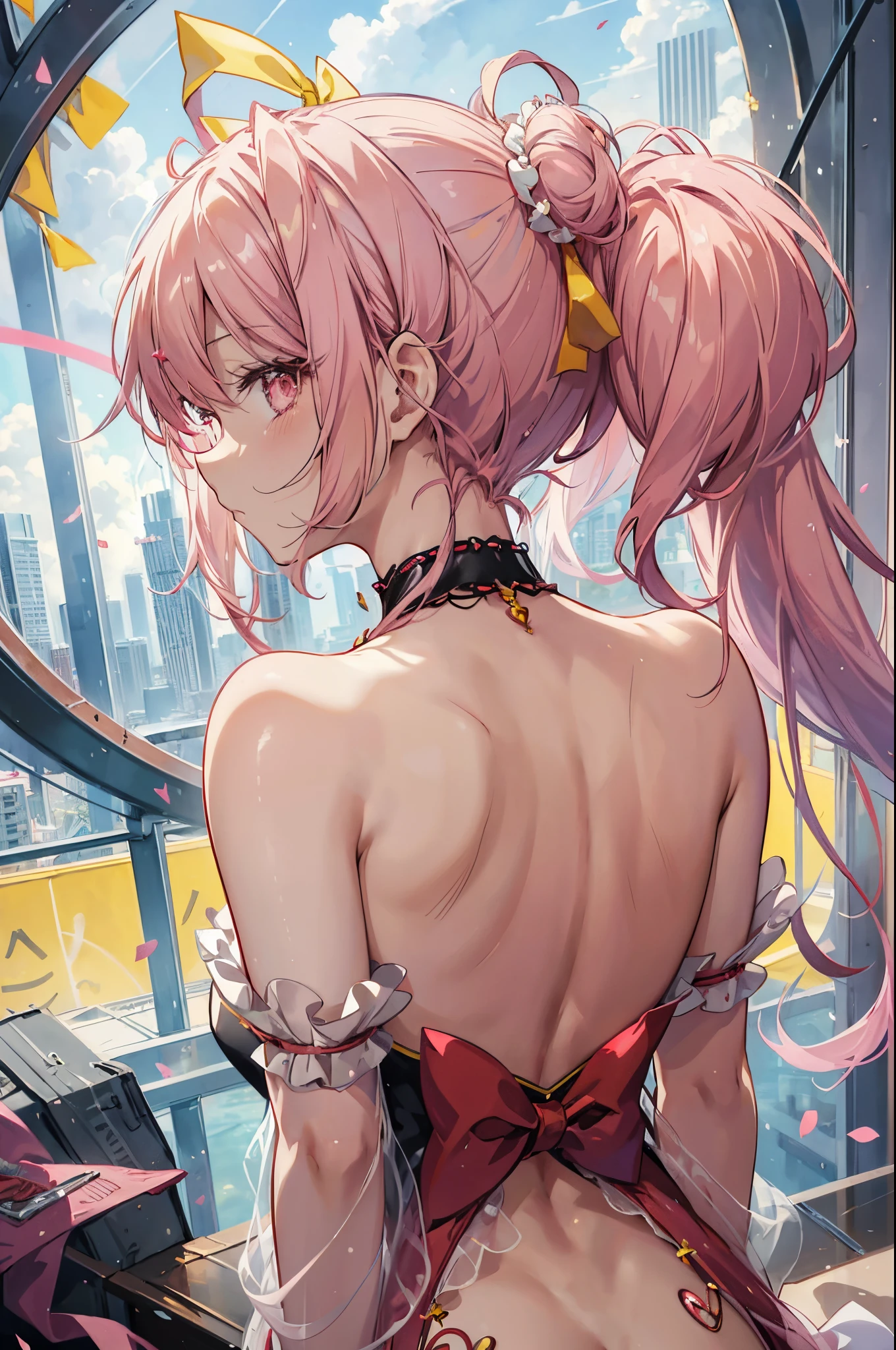 masterpiece, concept art, yellow background, madoka kaname, pink twintail with red ribbon, magical girl, puella magi madoka magica, backview, sexy back, open back, sexy, alluring, epic composition, epic proportion, HD