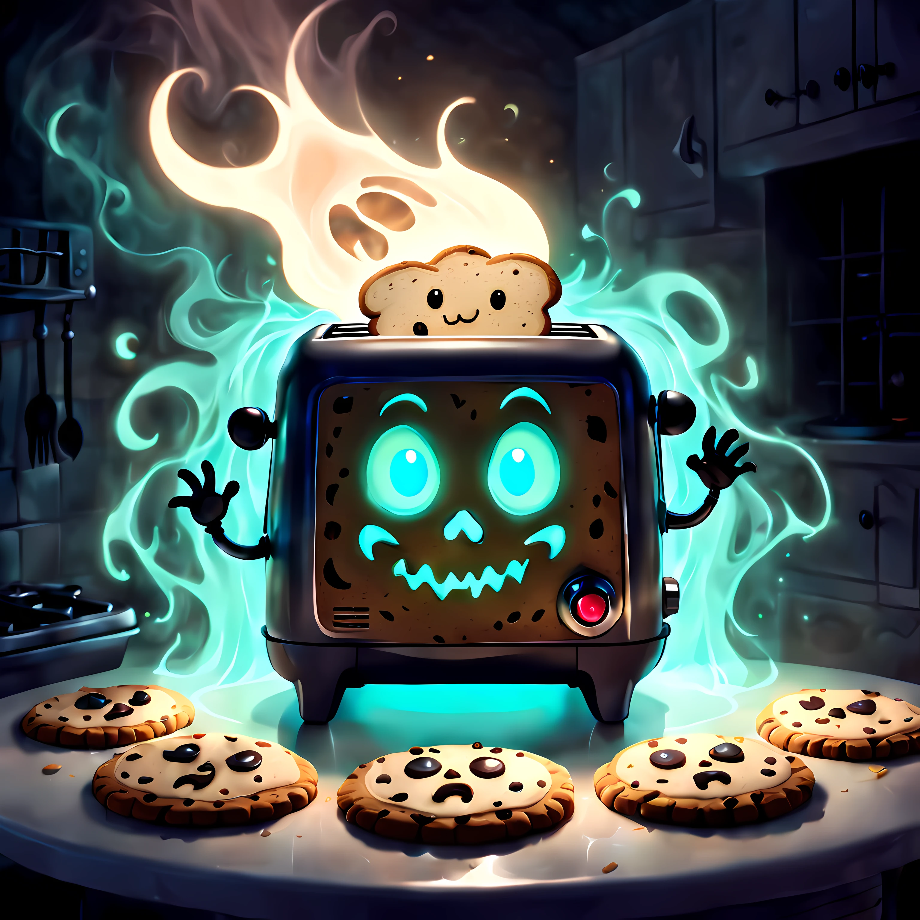Cute Cartoon, CuteCartoonAF, (cute cartoon style:1.3), (front view:1.3), (close up:1.3), a haunted toaster with an eerie and supernatural appearance (glow from within), an atmosphere that suggests the toaster is possessed by a ghost, dimly lit kitchen background, spooky, paranormal elements to the image, ethereal, ((big floating cookies))