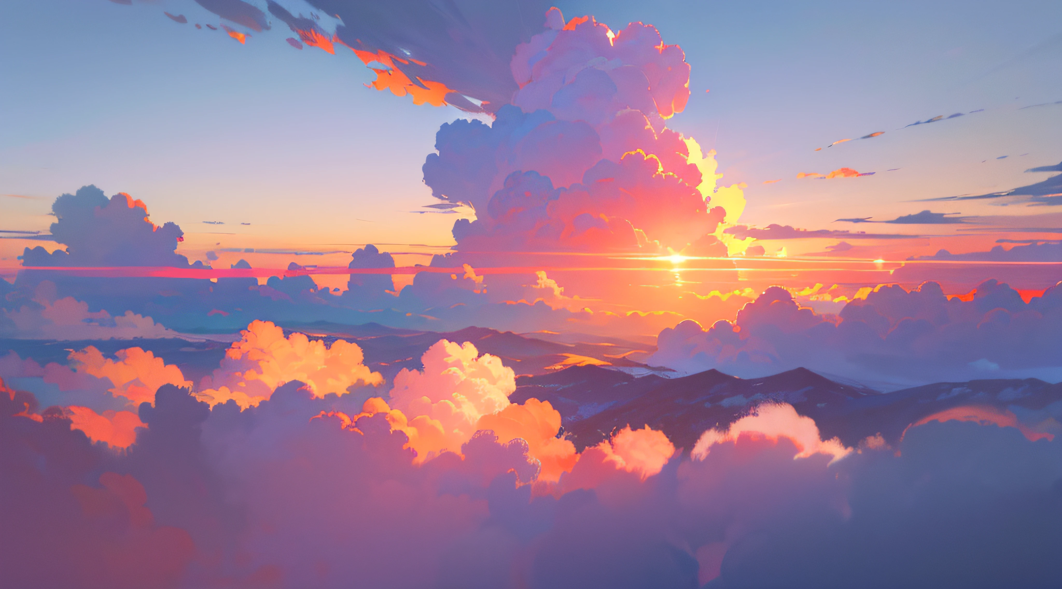 pink pastel sky, small clouds, A young couple are holding hands in the sky, pure sky, anime style