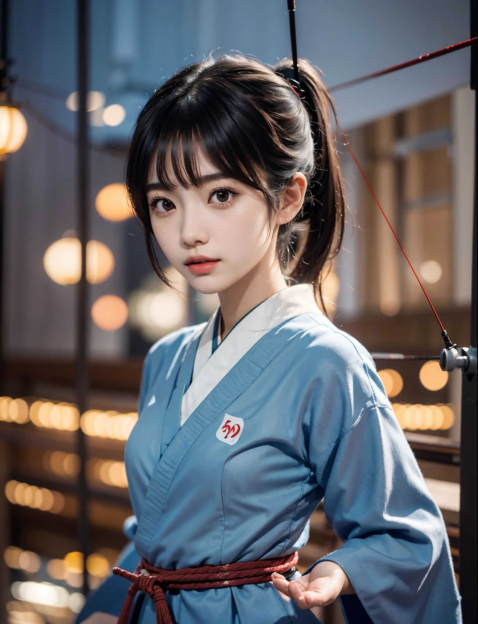((Japan Girl,1.4))About 20 years old,slenderbody,Slim Beauty,((Kyudo)),((Archery Women)),Hakamahaori,Detailed eyes,short bob wolf cut,A dark-haired,poneyTail,Real image quality,An ultra-high picture quality,8K,masutepiece,Raw photo,Live action,profetional lighting,((Night background)),Absurd beauty,Beautiful face,