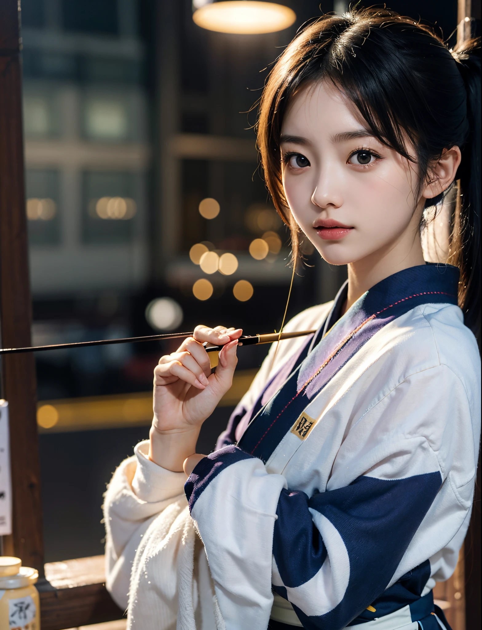 ((Japan Girl,1.4))About 20 years old,slenderbody,Slim Beauty,((Kyudo)),((Archery Women)),Hakamahaori,Detailed eyes,short bob wolf cut,A dark-haired,poneyTail,Real image quality,An ultra-high picture quality,8K,masutepiece,Raw photo,Live action,profetional lighting,((Night background)),Absurd beauty,Beautiful face,