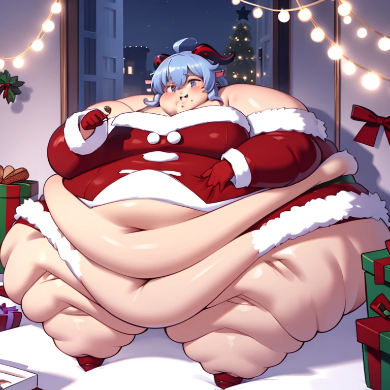 ((masterpiece)), 4K, highdes, Immobile Ganyu, Christmas suit, horns, bell in neck, Big Large Breastas, fat extra thick thighs, Big Fat belly, fat arms, cute face, no show ears, panties christmas, bedroom, night, sitting, rubbing belly in heart form with hand, eating a lot food in Christmas