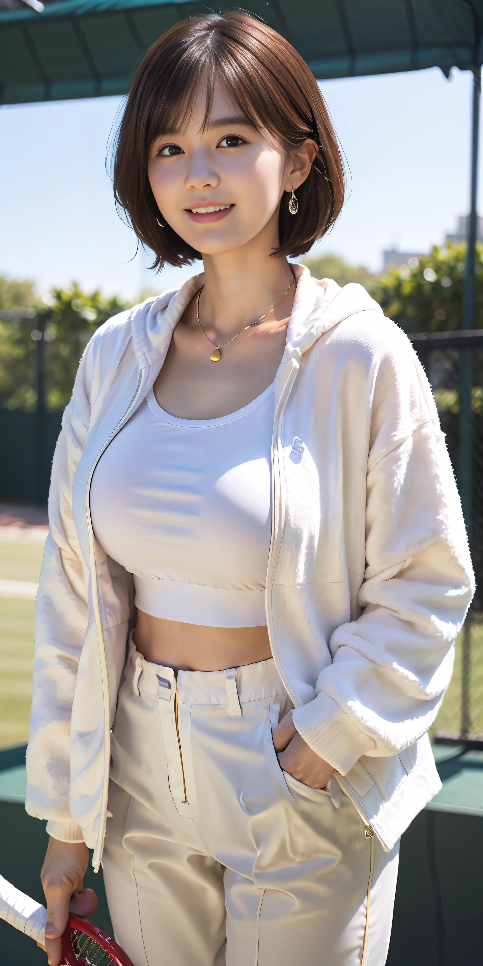 top-quality、Top image quality、masterpiece、25 year old female tennis coach, Black short wave hair、Puffy nipple、Tennis Wear、(White inner shirt)、Light pink pants、beige long sleeve hoodie、Medium milk, soft boob、((all-fours))、Shy laughter、sexy hips、stick out buttocks、tennis coat、Shake your head、Big necklace、Cute earrings