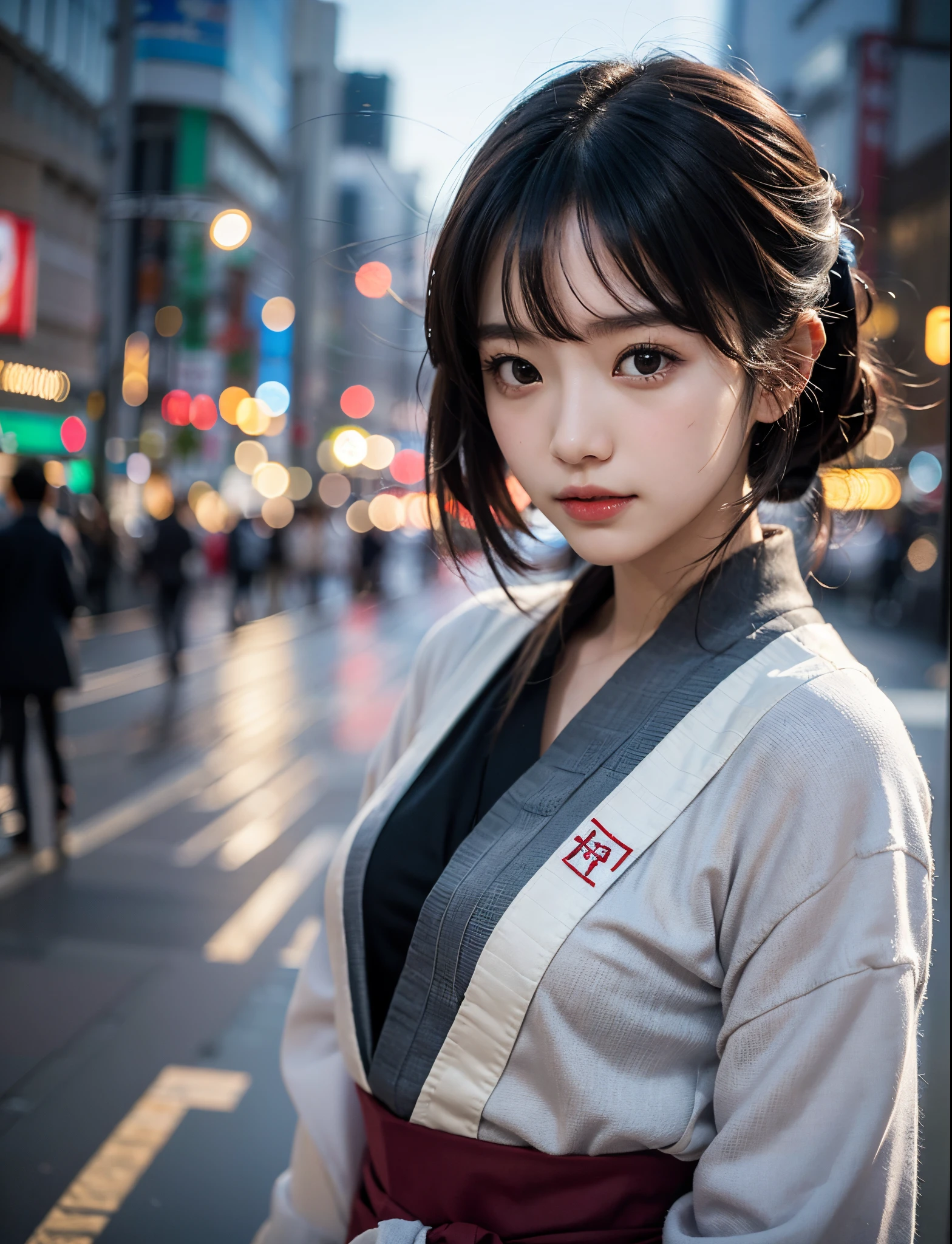 ((Japan Girl,1.4))About 20 years old,slenderbody,Slim Beauty,((Kyudo)),((Archery Women)),Hakamahaori,Detailed eyes,short bob wolf cut,A dark-haired,poneyTail,Real image quality,An ultra-high picture quality,8K,masutepiece,Raw photo,Live action,profetional lighting,((Night background)),Absurd beauty,Beautiful face,