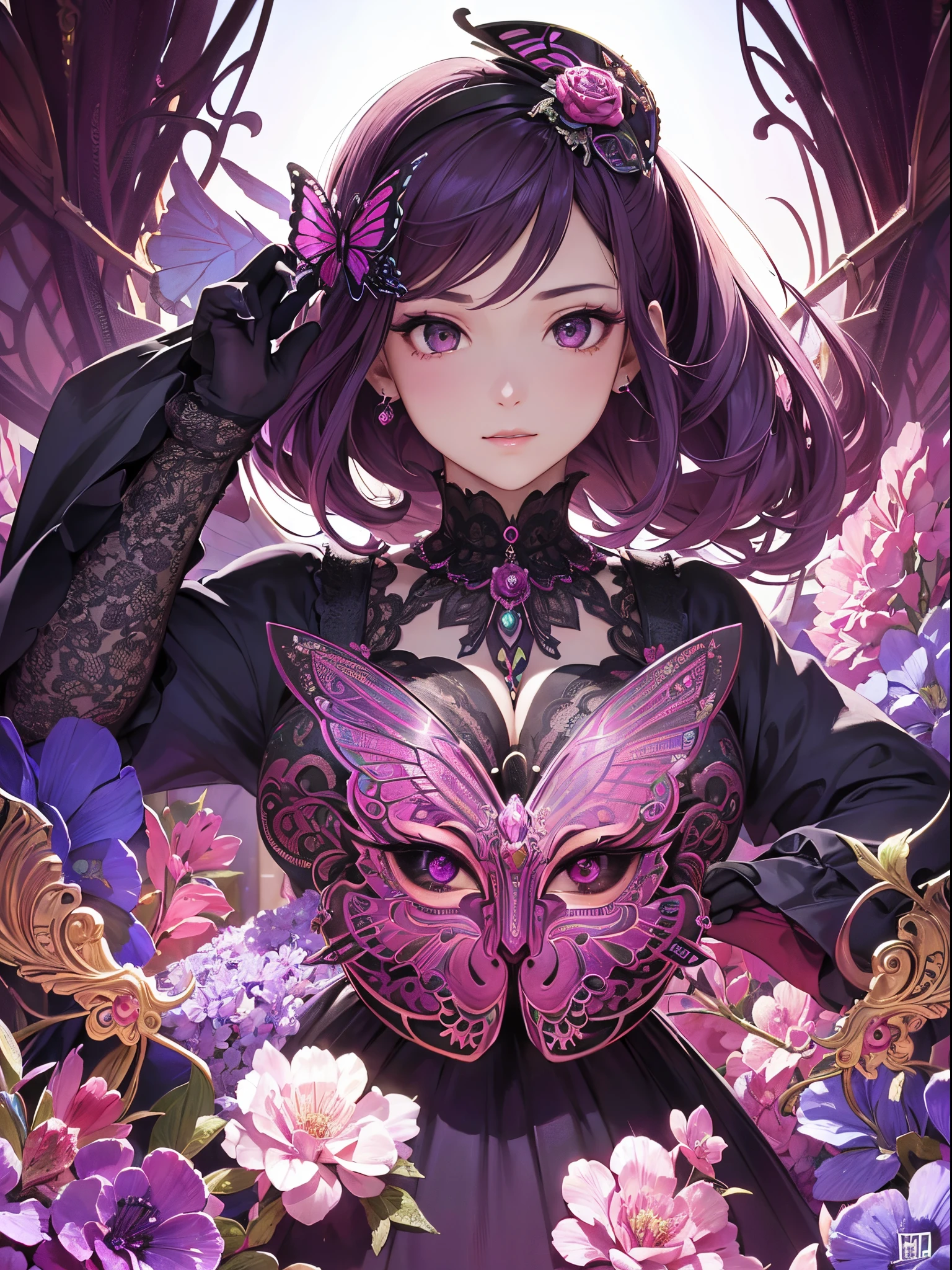 Butterfly motif、Magenta tones、Vibrant colors、((masterpiece)))、(((top-quality)))、((ultra-detailliert))、(A hyper-realistic)、(highly detailed CGillustration)、From the right side、Official art、Rome at the beginning of the 20th century、Decadent、Madame Papillon、Cool Beauty、Masquerade、refinement、Elegance、Gorgeous、Masks that cover most of the face、Colorful and detailed mask design、matchless beauty、Fans、gorgeous dress、jewely、Perfect Angle、perfect-composition。full body Esbian