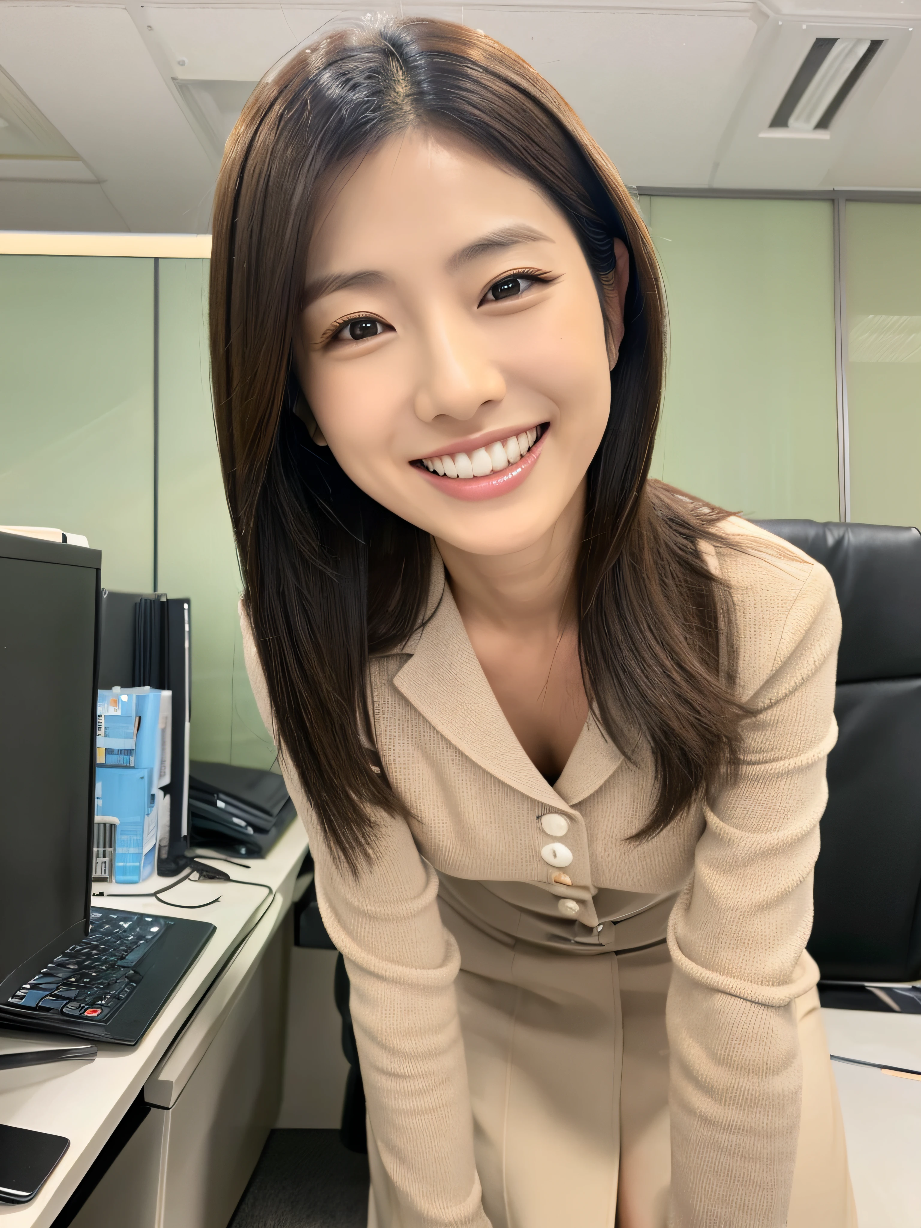 A Japanese milf, photo of one lady, Slender figure, Realistic teeth, double eyelids, smile, full-length, at the office