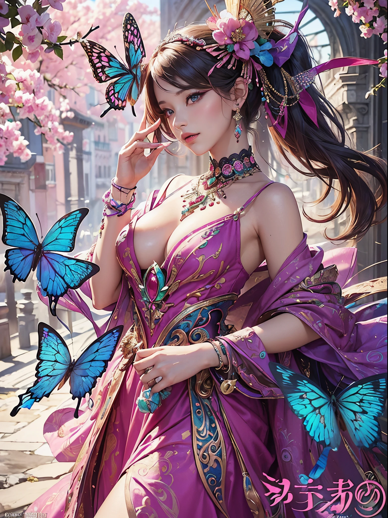 Butterfly motif、Magenta tones、Vibrant colors、((masterpiece)))、(((top-quality)))、((ultra-detailliert))、(A hyper-realistic)、(highly detailed CGillustration)、From the right side、Official art、Venice at the beginning of the 20th century、canal、Decadent、Madame Papillon、Cool Beauty、Masquerade、refinement、Elegance、Gorgeous、Masks that cover most of the face、Colorful and detailed mask design、matchless beauty、Fans、gorgeous dress、jewely、Perfect Angle、perfect-composition。full body Esbian