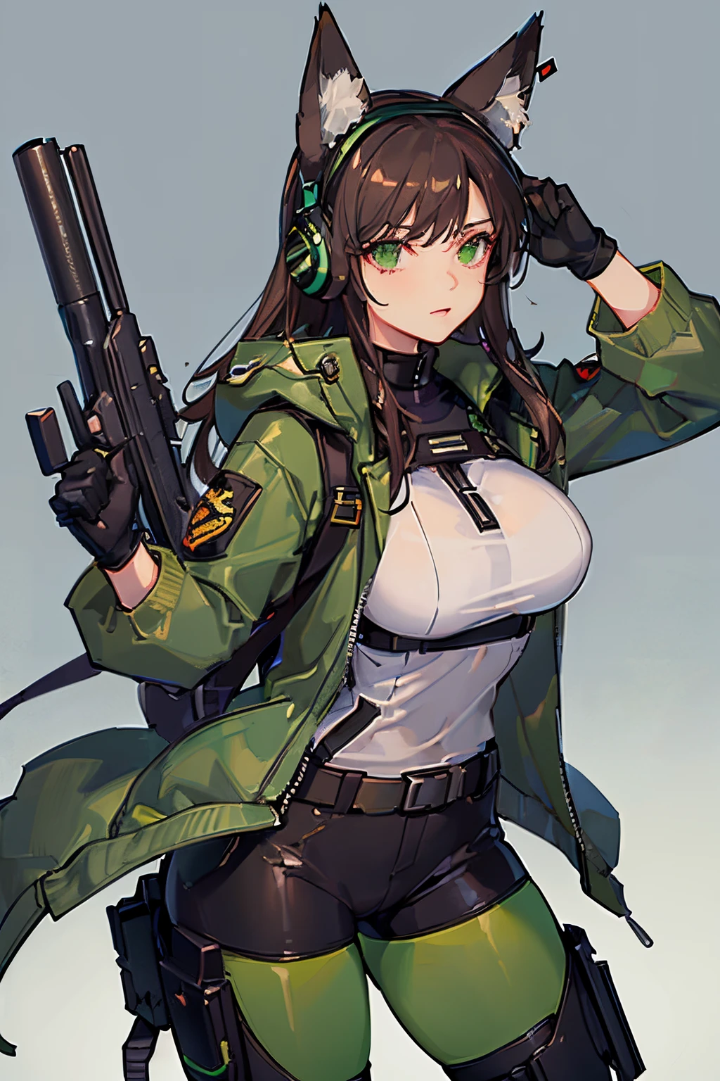 (Masterpiece: 1.5), (Best Quality: 1.5), (Perfect Face), 1 Woman, Mature Woman, Fox ears, Fox tail, green eyes, dark brown hair, big breasts, tactical gear, gun, spandex black shorts, tactical jacket, headset, gloves,