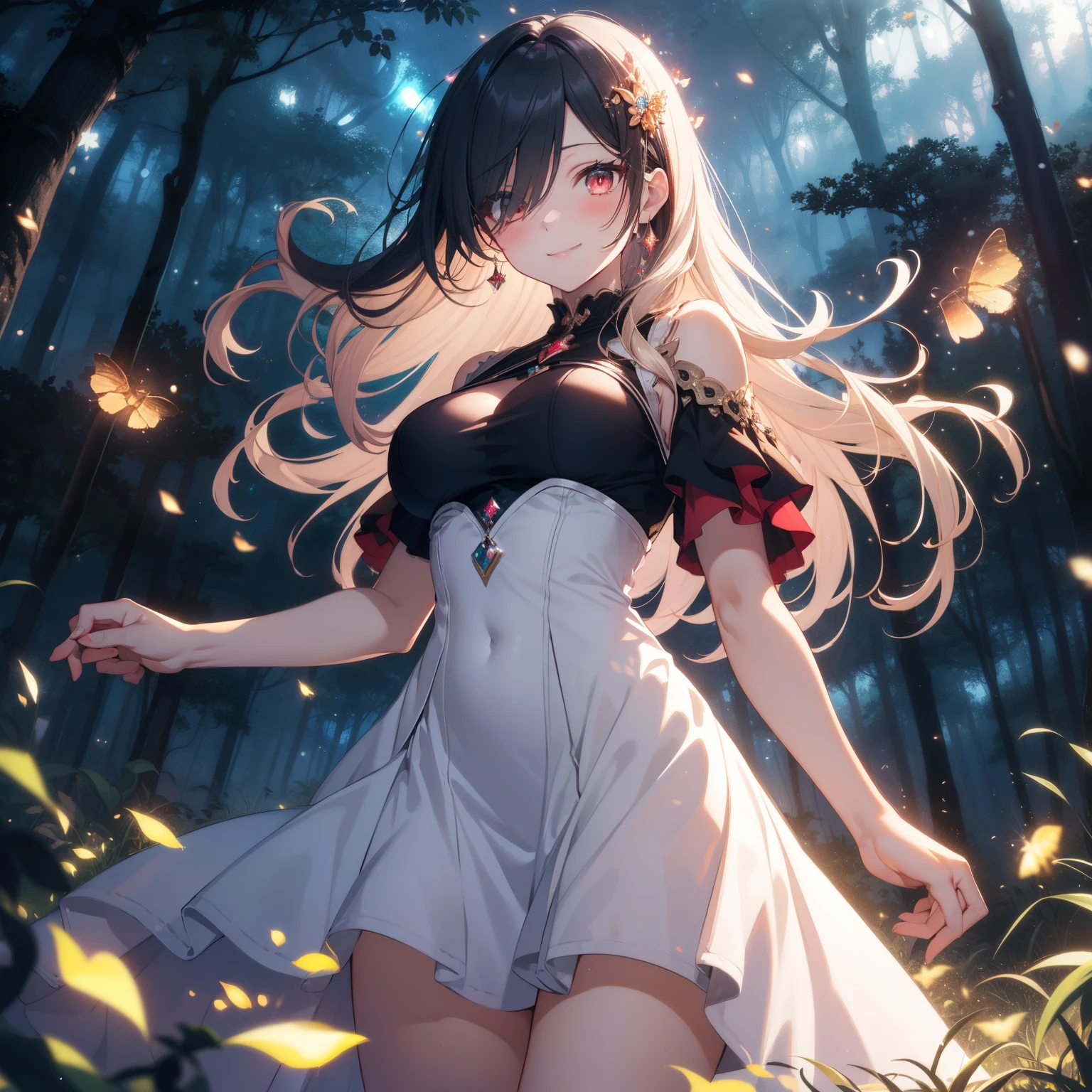 (masutepiece,Best Quality,8K),(extremely detailed CG1.1),teens girl,Smile,large boob,(From below:1.2),Intricate details , Hyper realistic, Perfect Anatomy,A dark-haired,Red Eyes,(((Forehead))),Permed hair with wavy hair,(((length hair))),Hair over one eye,hair slicked back,Full body,(((princess dress ))),blush,Happy smile,(((Magical enchanted forest with glowing fireflies))),Lens Flare,Wind,Magnificent view,(chromatic abberation:1.3),Dynamic Angle,Cowboy Shot,Looking at Viewer,It's snowing,is standing