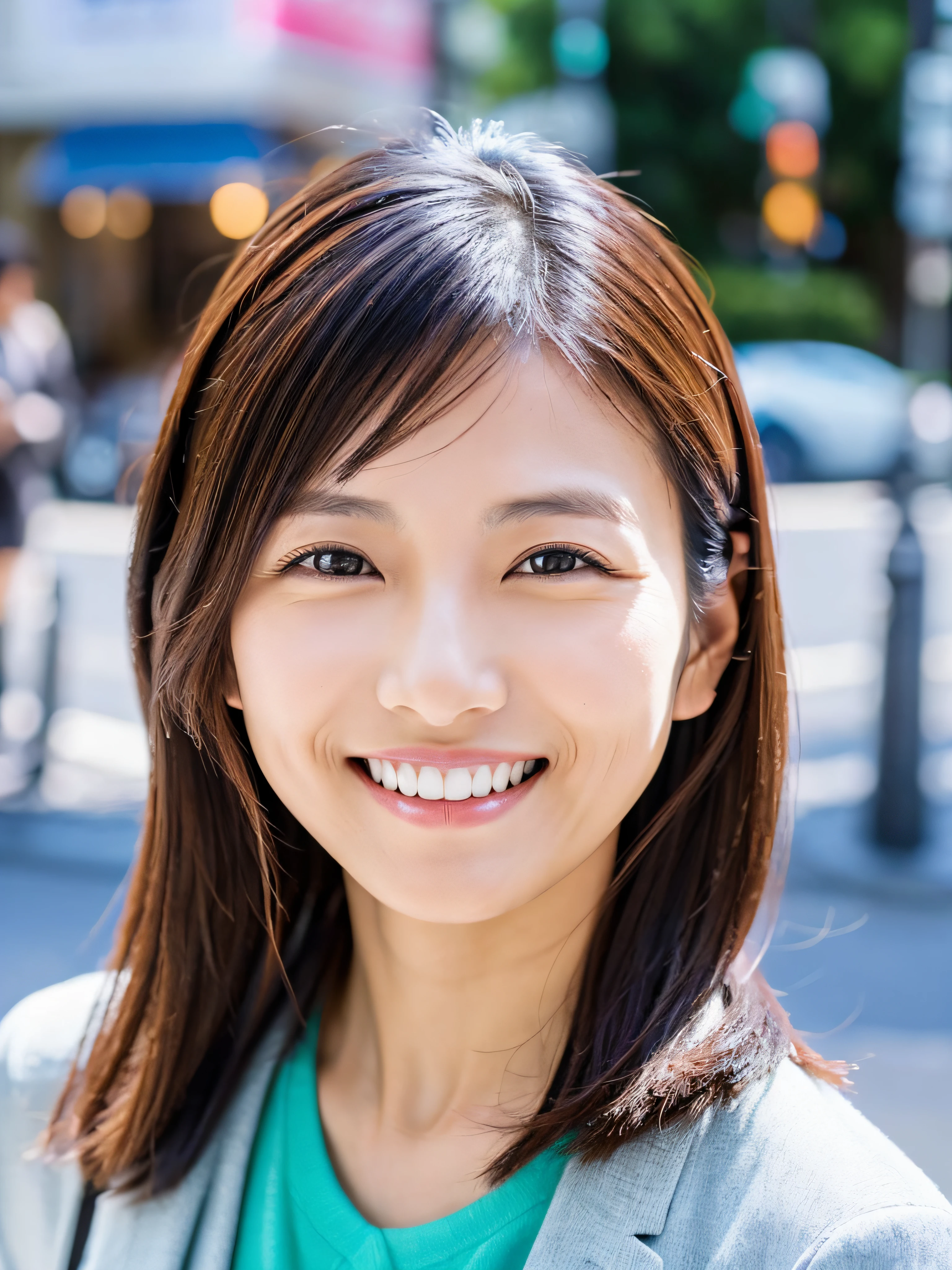 A Japanese milf, photo of one lady, Slender figure, Realistic teeth, double eyelids, smile, full-length, at the city