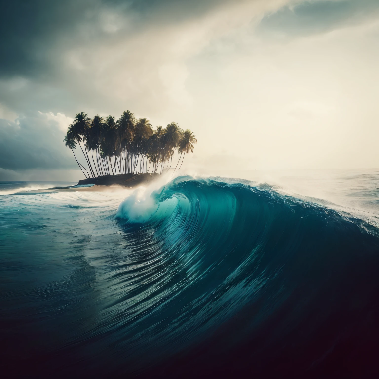 surfer riding a wave in front of a small island with palm trees, marc adamus, stunning waves, breathtaking wave, beach surreal photography, ((waves, ocean swells, waves, ocean waves, tube wave, ocean wave, beautiful waves in sea, by Matthias Weischer, by Arik Brauer, wave, by Jason A. Engle, wave breaking