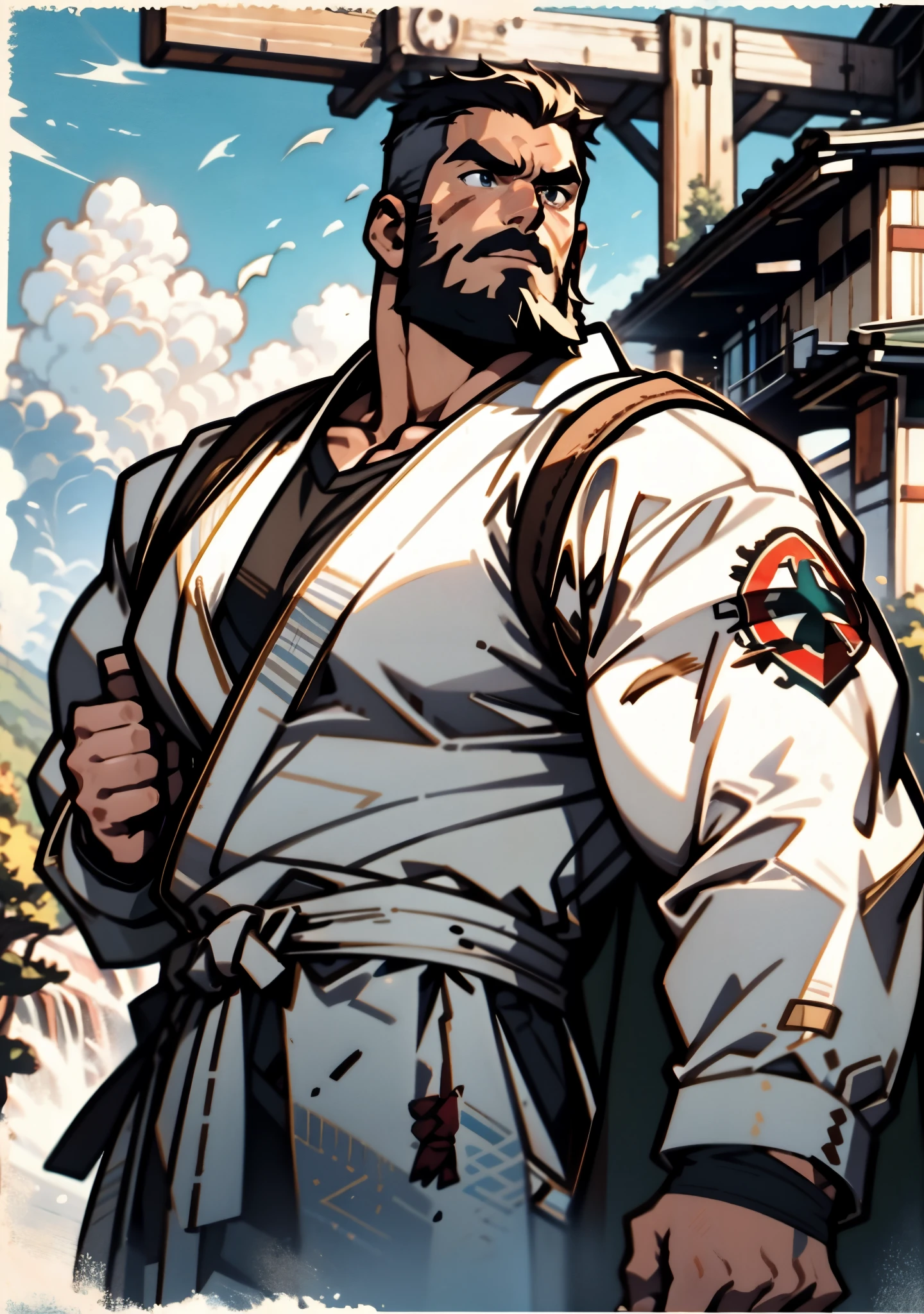 A middle-aged man around 50, short black hair tinged with white, a vertically upright hairstyle, thick eyebrows, round and large eyes, scars are present on the eyes and the bridge of the nose, a full beard, a muscular and robust physique, loose martial arts-style robes, rolled-up sleeves, cloth wrist guards, a linen belt around his waist, tattered hem, matching coarse fabric pants, the background is within a tidy dojo, this character embodies a finely crafted fantasy-realistic style martial artist in anime style, exquisite and mature manga art style, high definition, best quality, highres, ultra-detailed, ultra-fine painting, extremely delicate, professional, anatomically correct, symmetrical face, extremely detailed eyes and face, high quality eyes, creativity, RAW photo, UHD, 8k, Natural light, cinematic lighting, masterpiece-anatomy-perfect, masterpiece:1.5