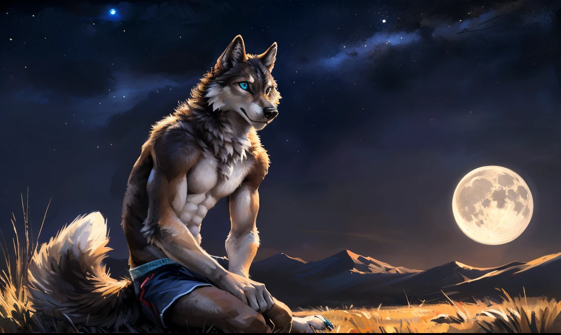 ((Solo)), male people, anthro wolf, (Multi-colored fur, White-brown:1.3, White tail pointed), (Height 2.1 meters,Tail length 1.5m), ((Wolf face, Big eyes, White eyelids, Blue pupil, Slim:1.2) (Tough, Calm expression:1.2)), Abs, Slim, pinging)), (Correct body anatomy), (Work shorts:1.1), The upper body is naked, (detailed outfits),A long big tail，(Realistic fur, Detailed fur texture, labeled:1.3)), (Natural lighting), Photorealistic, Hyperrealistic, ultradetailed, by Kenket，the night，Sit alone，Endless grasslands，Look at the full moon，It was dark，Starry