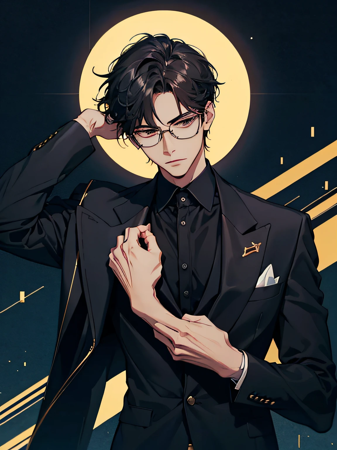 Change your clothes to a regular black suit shirt,Don't be too exaggerated,Glasses with gold frames