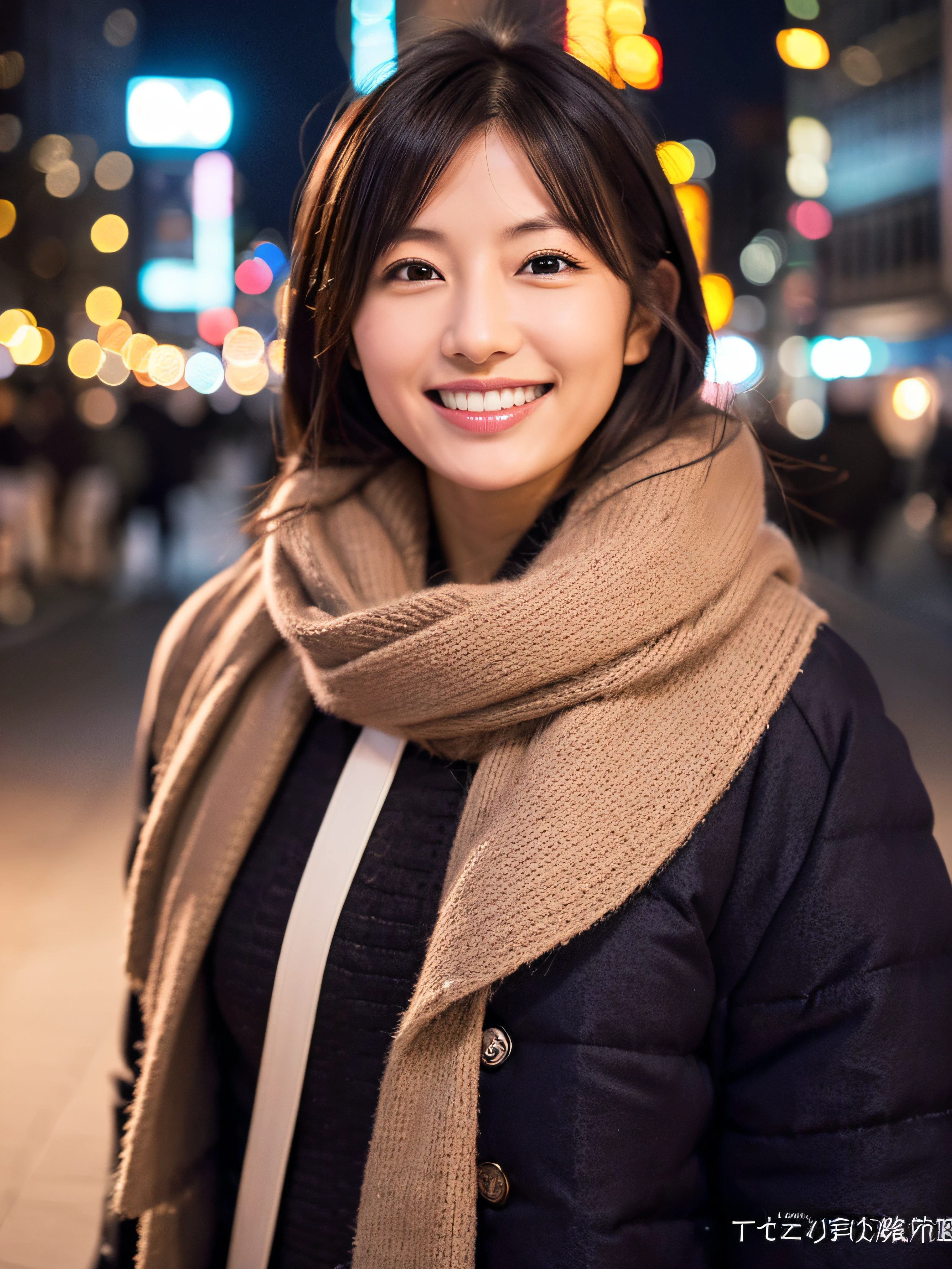 A Japanese milf, photo of one lady, Slender figure, Realistic teeth, double eyelids, smile, full-length, at the city winter illumination