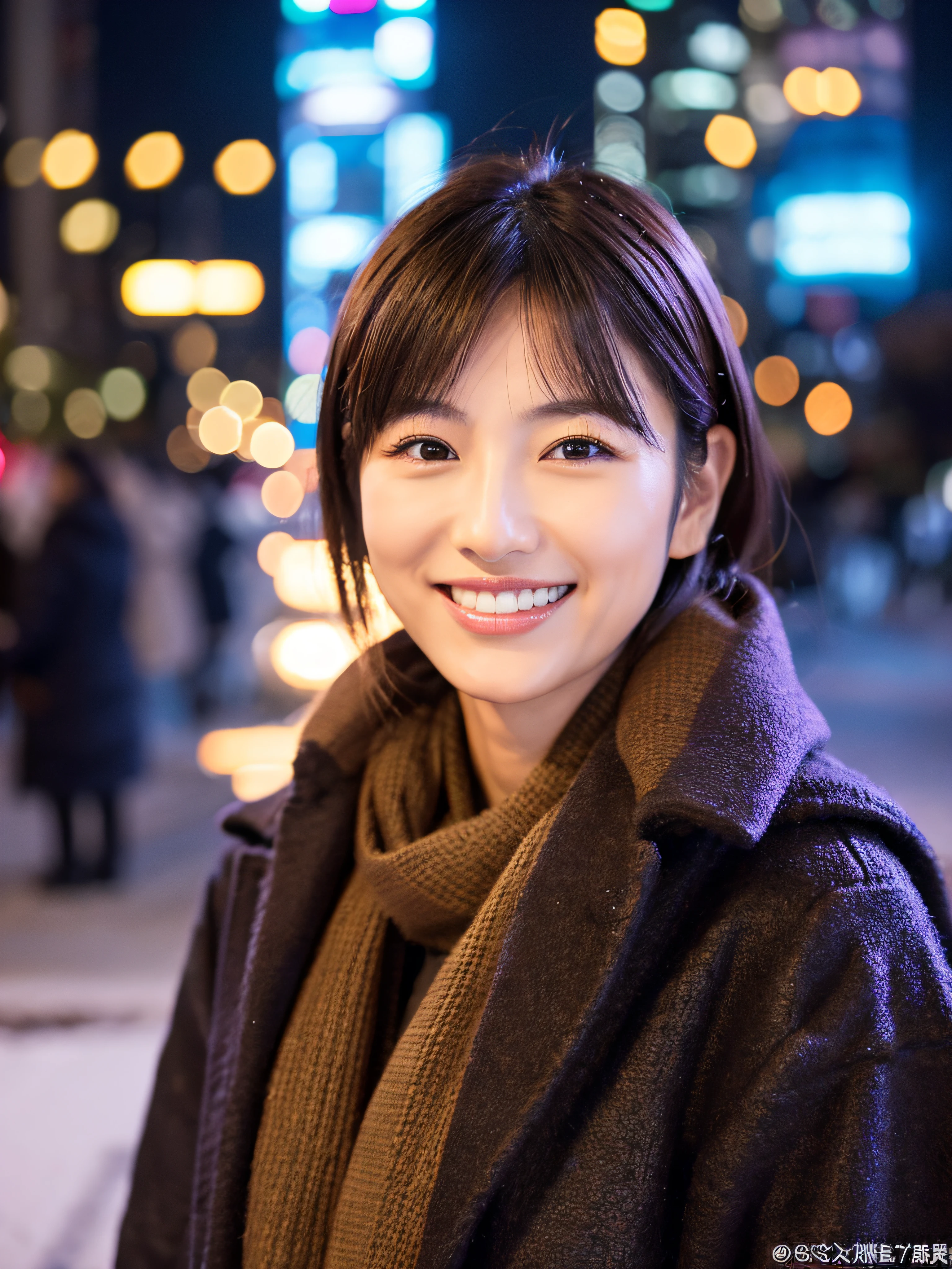 A Japanese milf, photo of one lady, Slender figure, Realistic teeth, double eyelids, smile, full-length, at the city winter illumination