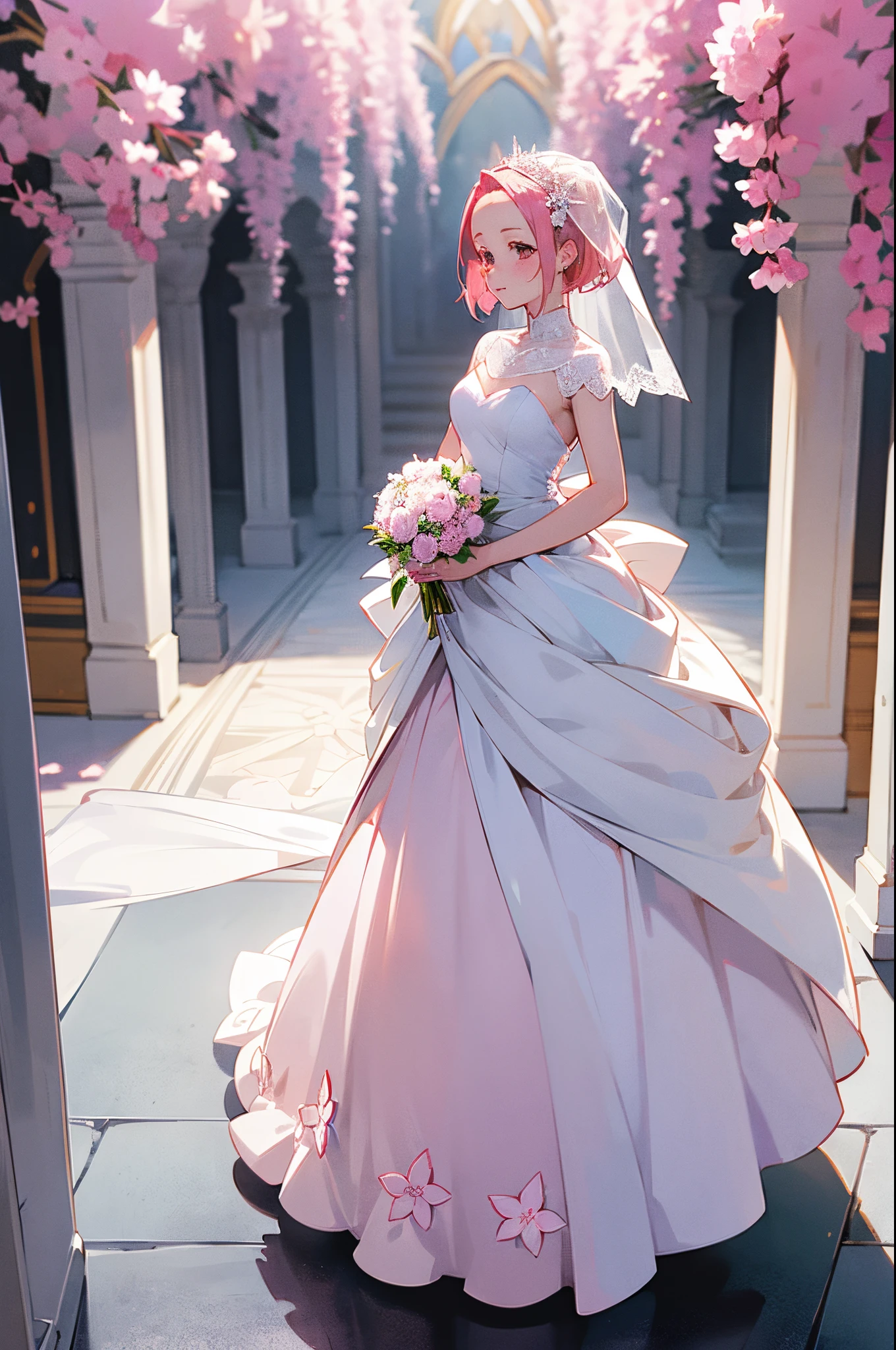 Sakura haruno, ((solo)), alone, bride, wearing a white wedding dress, queen, happy, ((forehead to show)), standing, entering the church, pink hair, short hair, delicate, young, short hair, detailed face, high definition, ((full body)), (flowers around her), full body, she is a beautiful woman getting married, face with high quality, beautiful, radiant