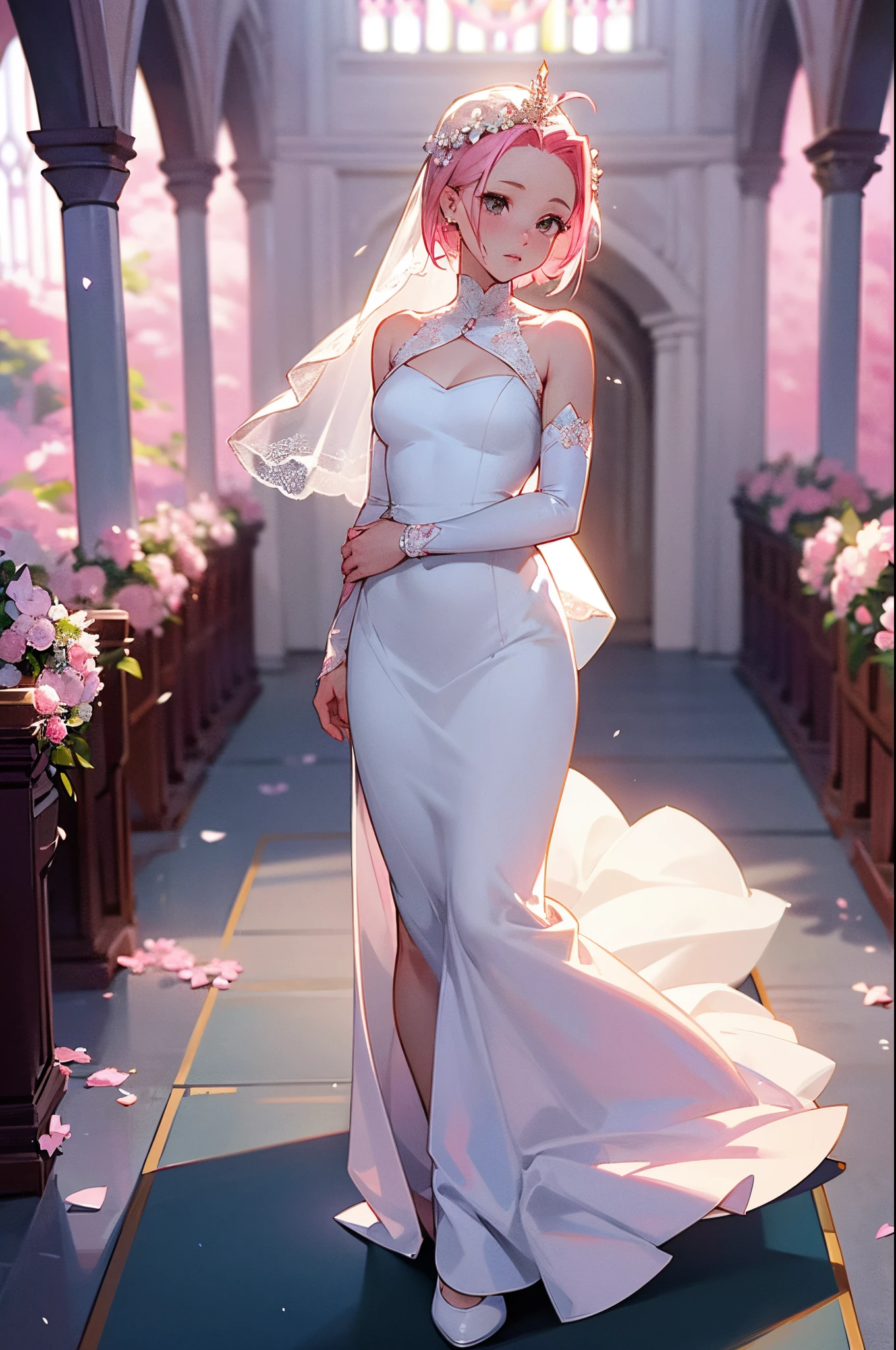 Sakura haruno, ((solo)), alone, bride, wearing a white wedding dress, queen, happy, ((forehead to show)), standing, entering the church, pink hair, short hair, delicate, young, short hair, detailed face, high definition, ((full body)), (flowers around her), full body, she is a beautiful woman getting married, face with high quality, beautiful, radiant