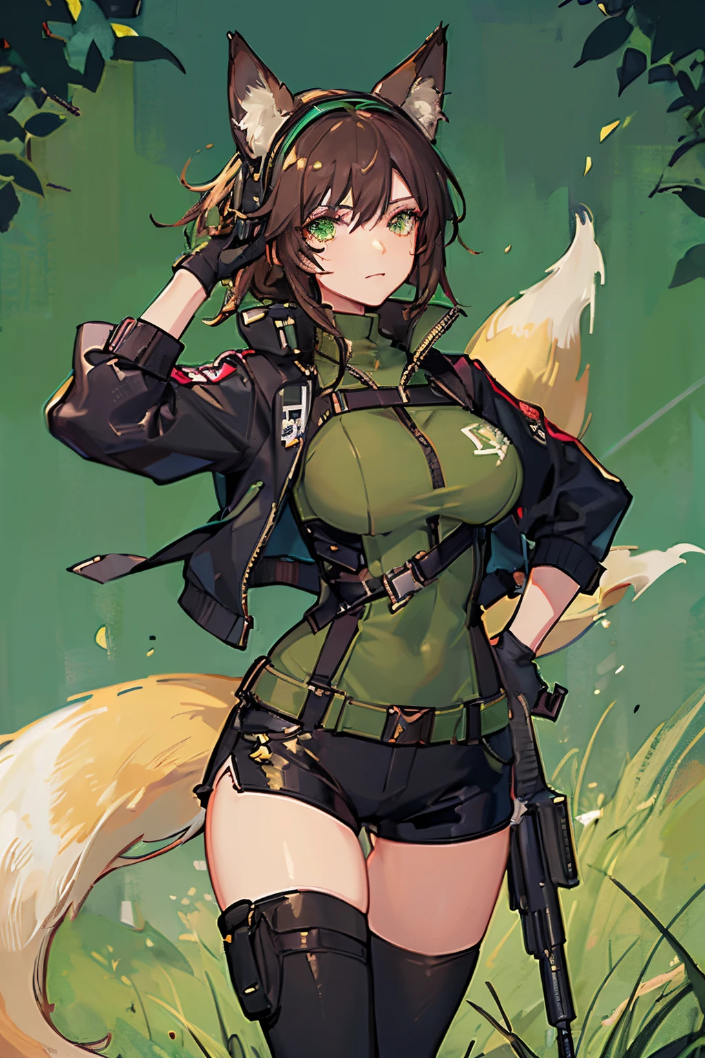 <lora:BinturongKemonofriends_Binturong:0.7>,BINTURONG_military
1girl,solo,masterpiece, best quality, high quality,delicate facial features,mishoujo,hyper_detail,game cg, finely detailed beautiful eyes and detailed face,lustrous skin,colorful
binturong_(kemono_friends), animal ears, tail,grey hair, multicolored hair,black hair, short hair, brown eyes, (large_breasts:1.2)
(camouflage:1.3), fingerless gloves, navel, green shirt, garrison cap, midriff, cleavage, thigh boots, belt, black gloves, black footwear, short sleeves, crop top, bangs, black thighhighs,shorts
(looking back:1.2), (cowboy_shot:1.2),(standing:1.2),blush,:o,open mouth,ass
(forest:1.3),mountain,blue_sky,cloud,tree